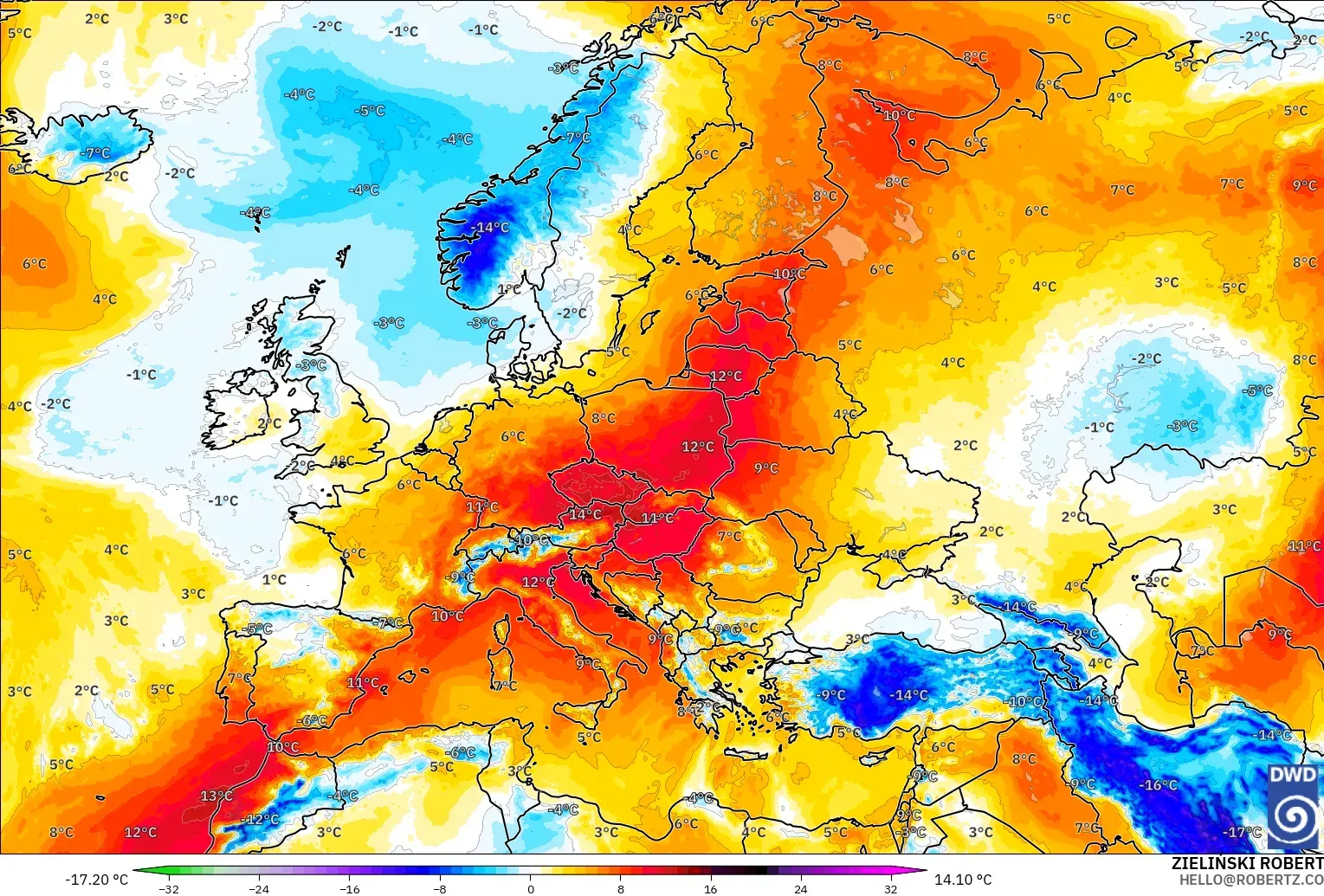 ICON model - Avrupa, 850 hPa Sıcaklık Anomalisi