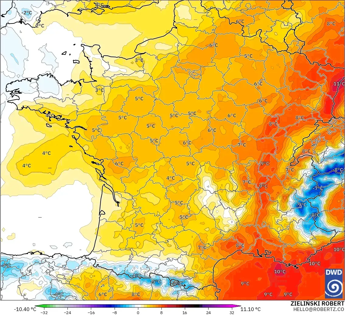 ICON model - Fransa, 850 hPa Sıcaklık Anomalisi