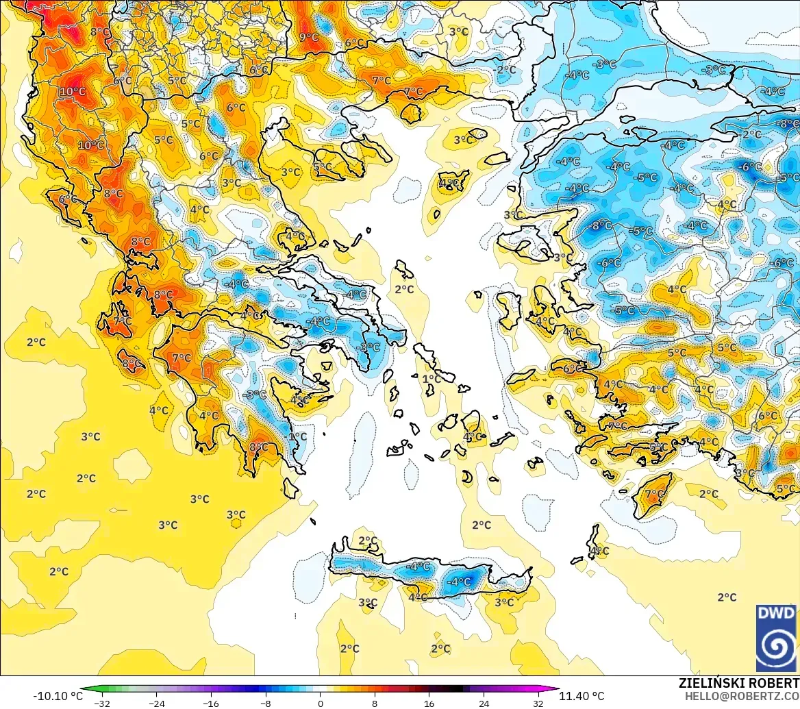 ICON model - Yunanistan, 2 m Sıcaklık Anomalisi