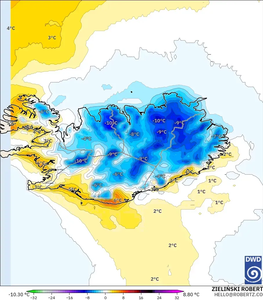 ICON model - İzlanda, 2 m Sıcaklık Anomalisi