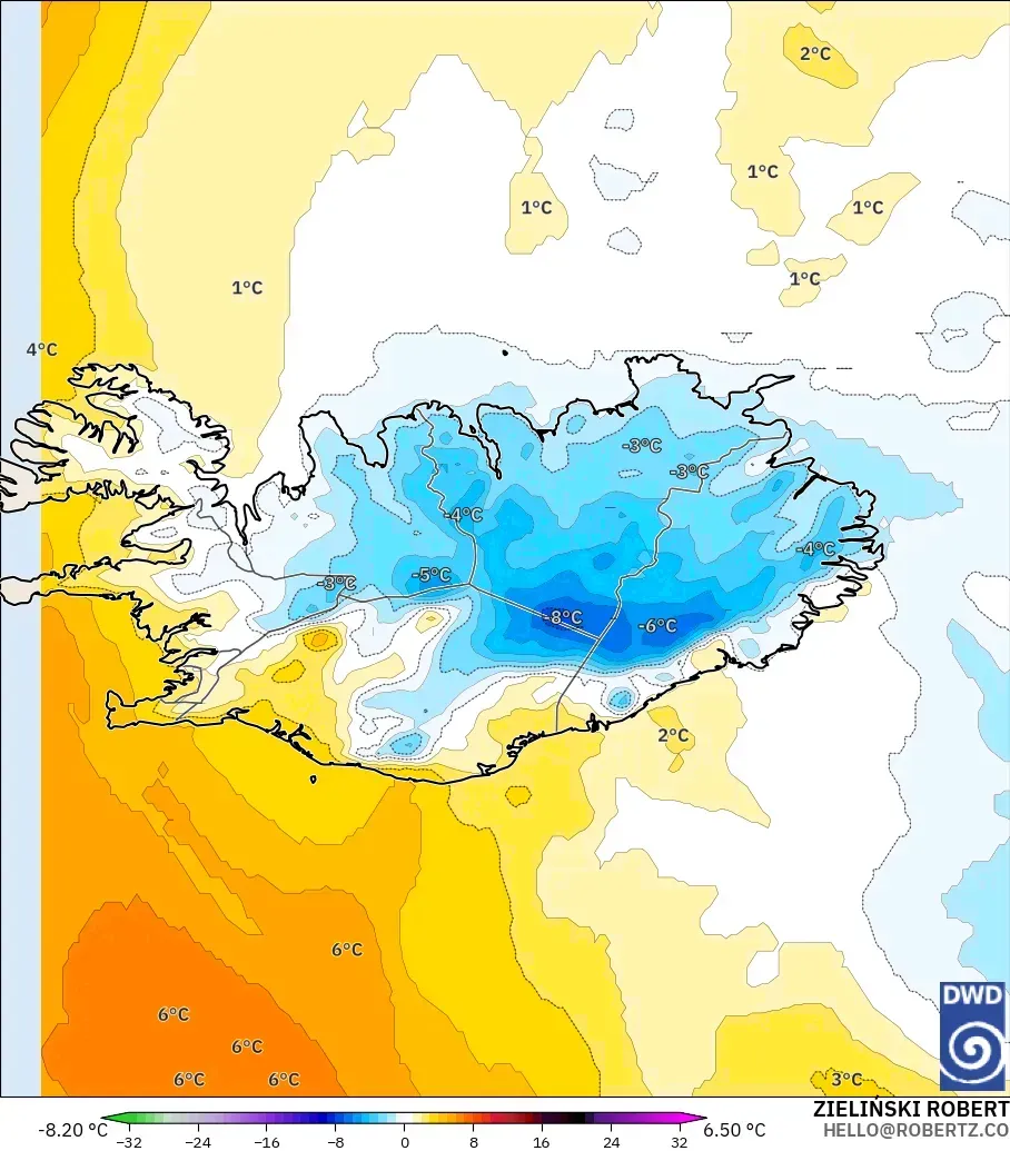ICON model - İzlanda, 850 hPa Sıcaklık Anomalisi