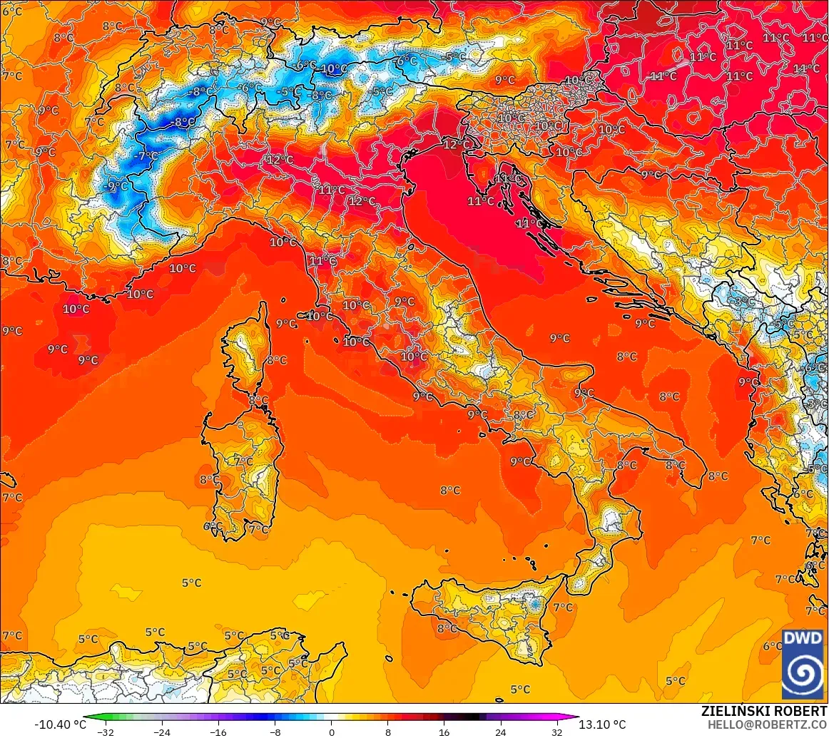 ICON model - İtalya, 850 hPa Sıcaklık Anomalisi