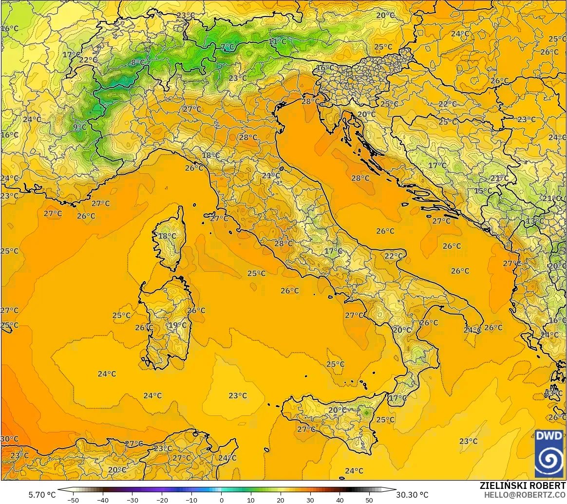ICON model - İtalya, 850 hPa Sıcaklık