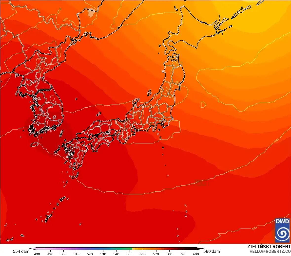 ICON model - Japonya, 500 hPa’da jeopotansiyel yükseklik