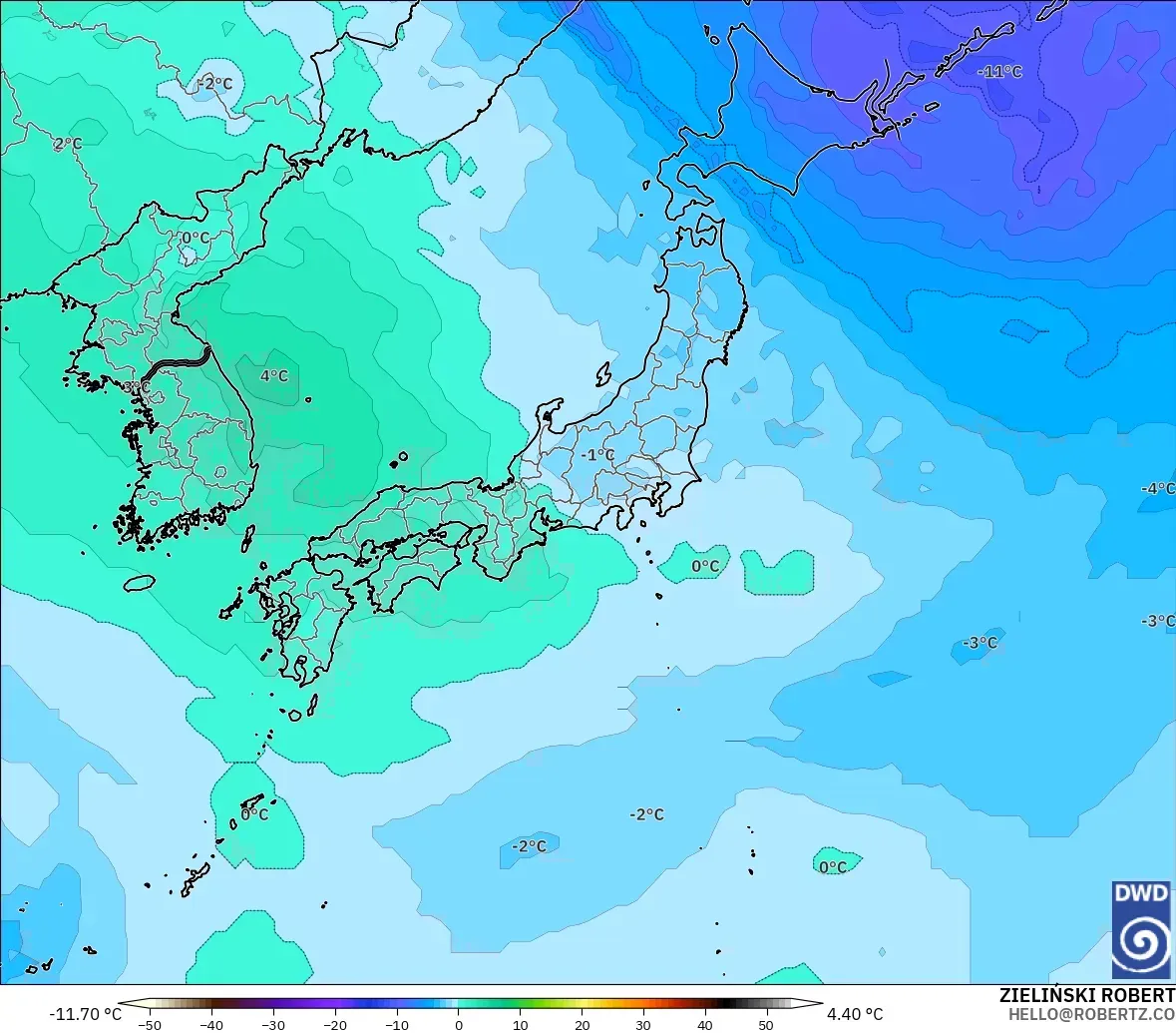 ICON model - Japonya, 500 hPa Sıcaklık