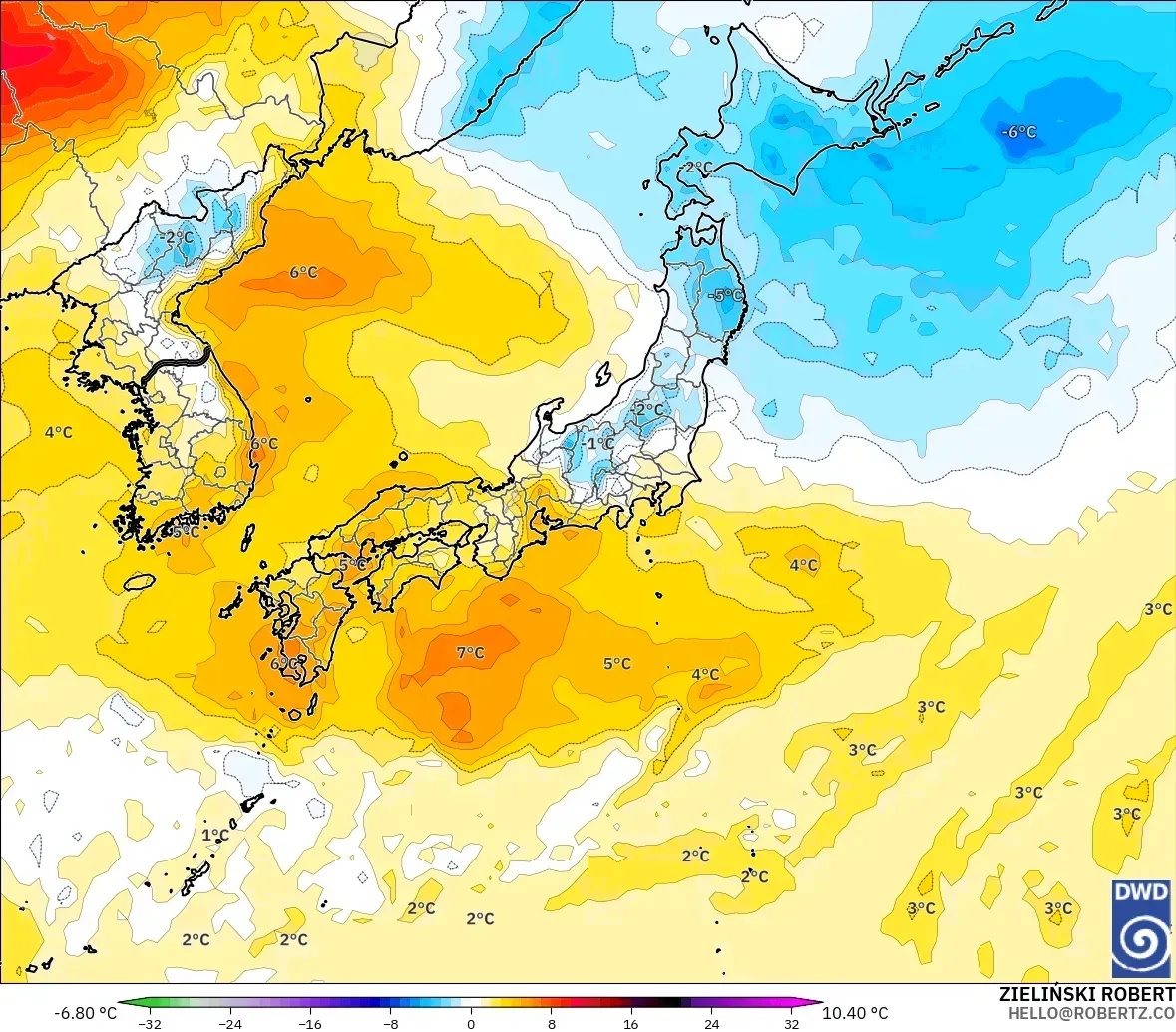 ICON model - Japonya, 850 hPa Sıcaklık Anomalisi