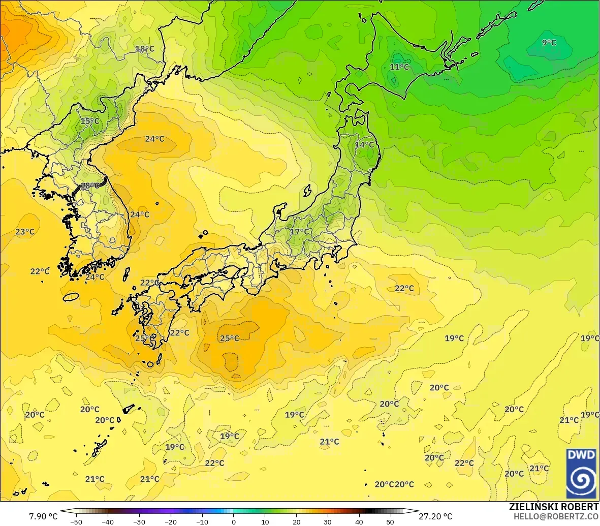 ICON model - Japonya, 850 hPa Sıcaklık