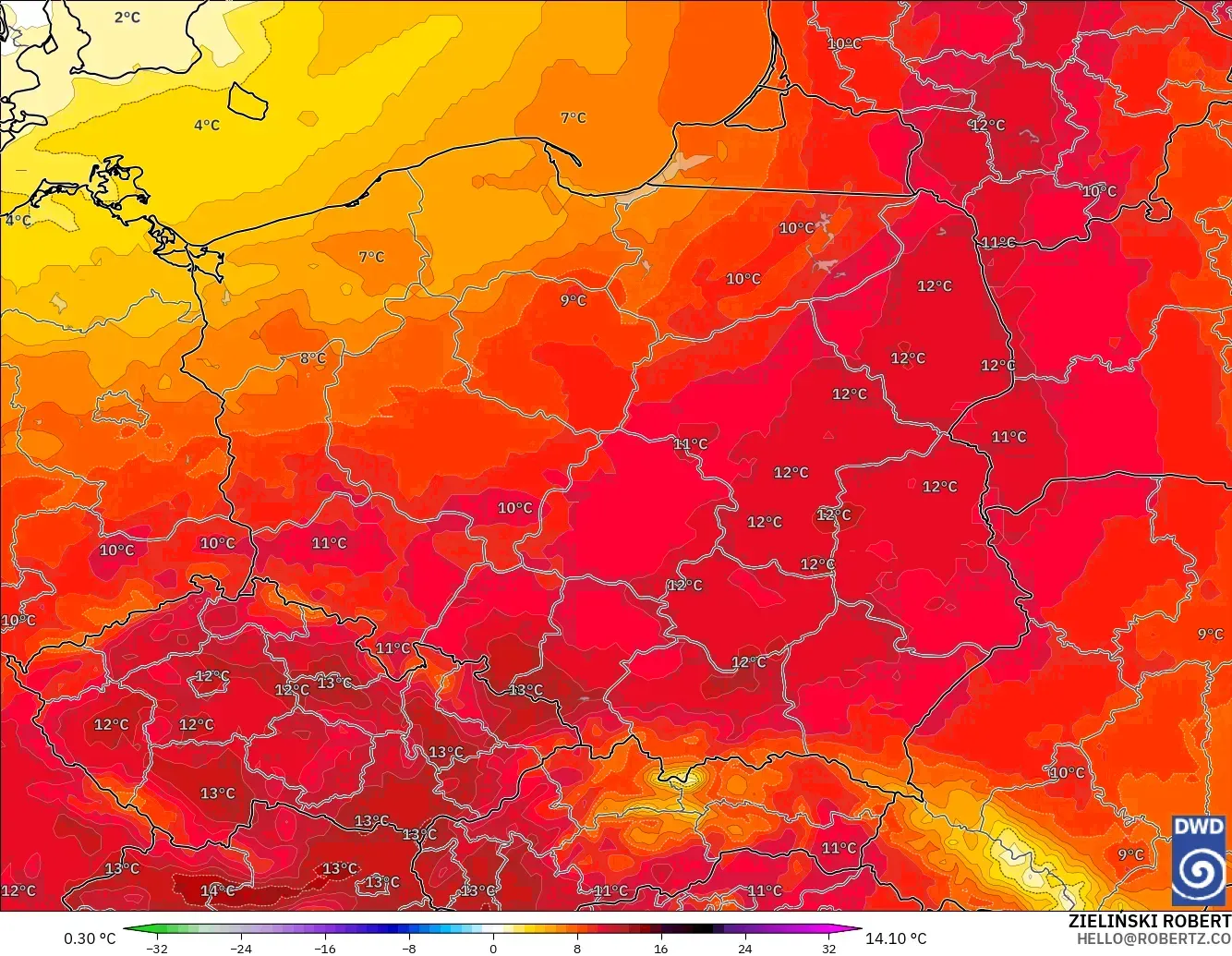 ICON model - Polonya, 850 hPa Sıcaklık Anomalisi