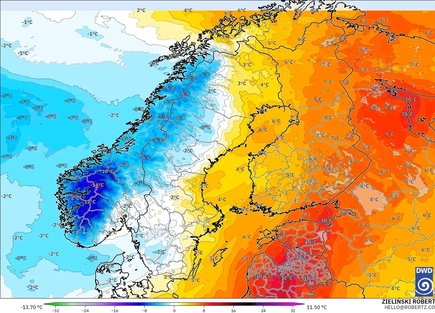 ICON model - İskandinavya, 850 hPa Sıcaklık Anomalisi