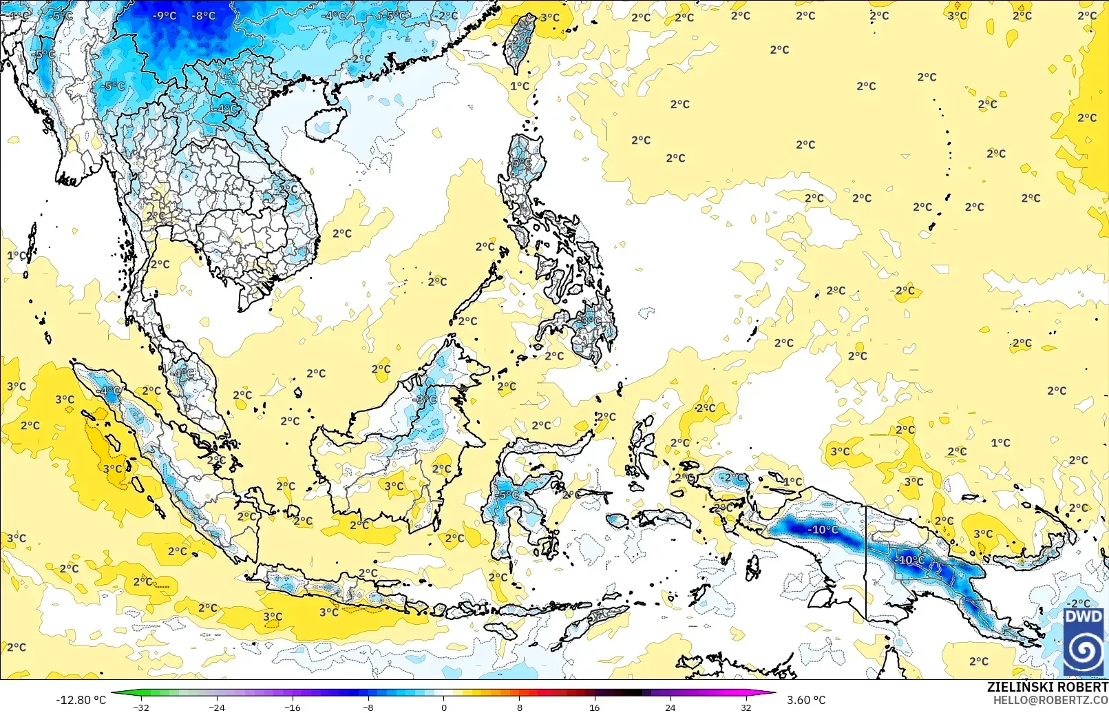 ICON model - Güneydoğu Asya, 850 hPa Sıcaklık Anomalisi