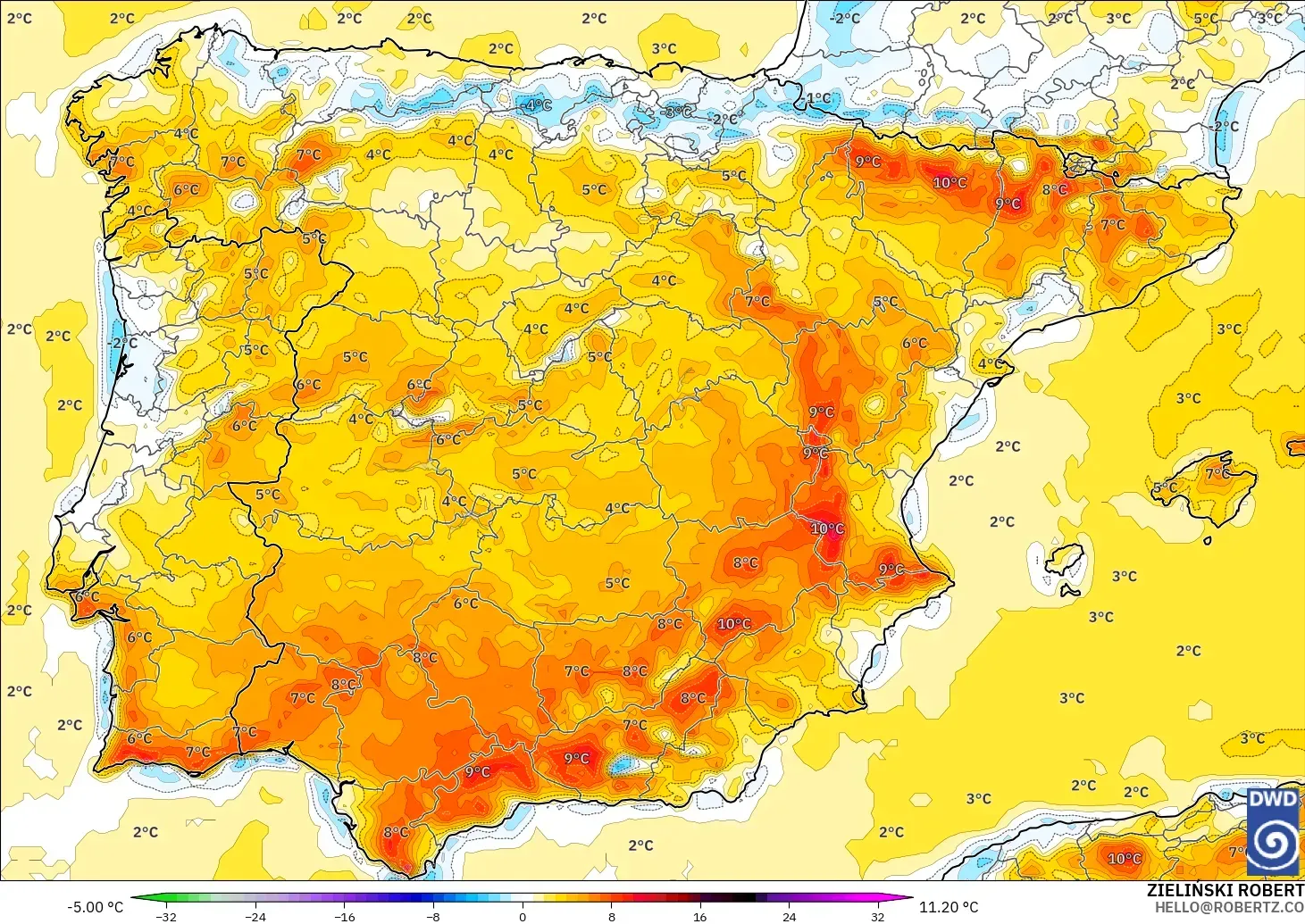 ICON model - İspanya, 2 m Sıcaklık Anomalisi