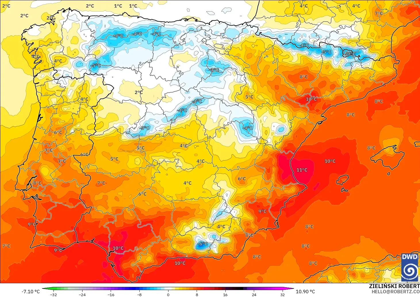 ICON model - İspanya, 850 hPa Sıcaklık Anomalisi