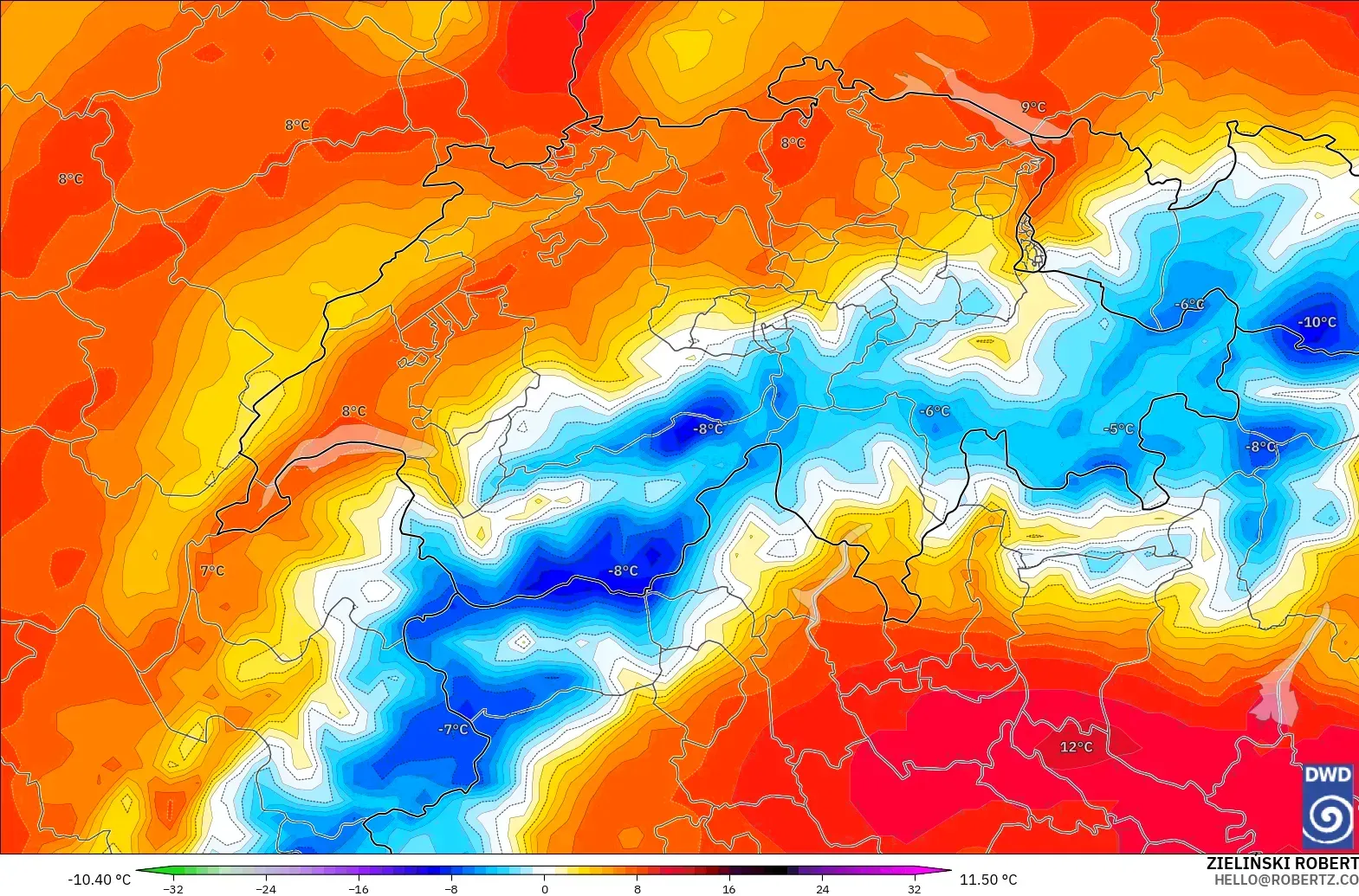 ICON model - İsviçre, 850 hPa Sıcaklık Anomalisi