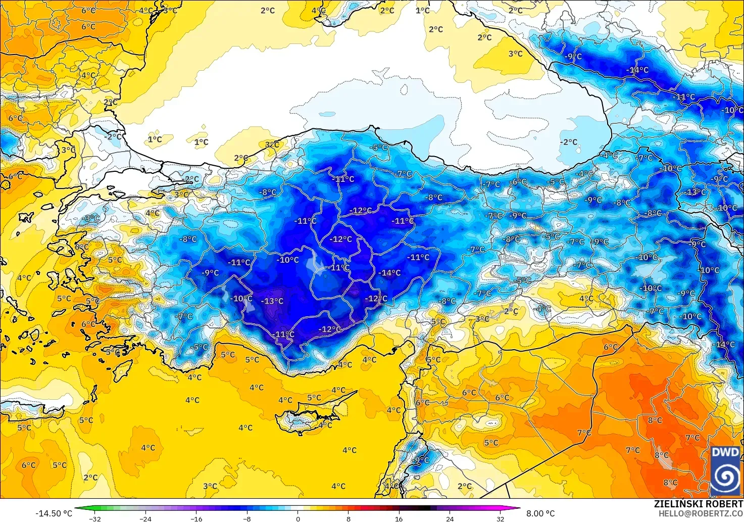 ICON model - Türkiye, 850 hPa Sıcaklık Anomalisi