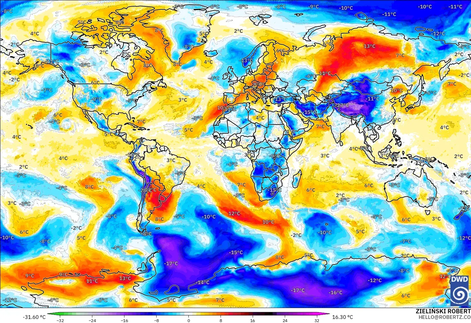ICON model - Dünya, 850 hPa Sıcaklık Anomalisi