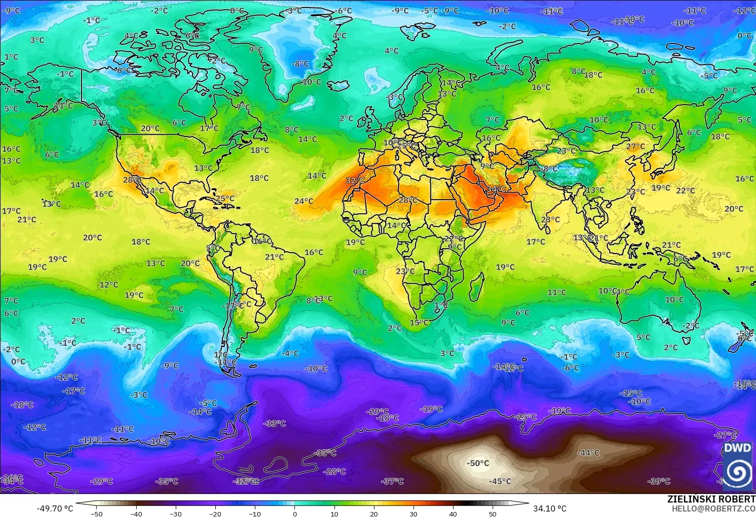 ICON model - Dünya, 850 hPa Sıcaklık