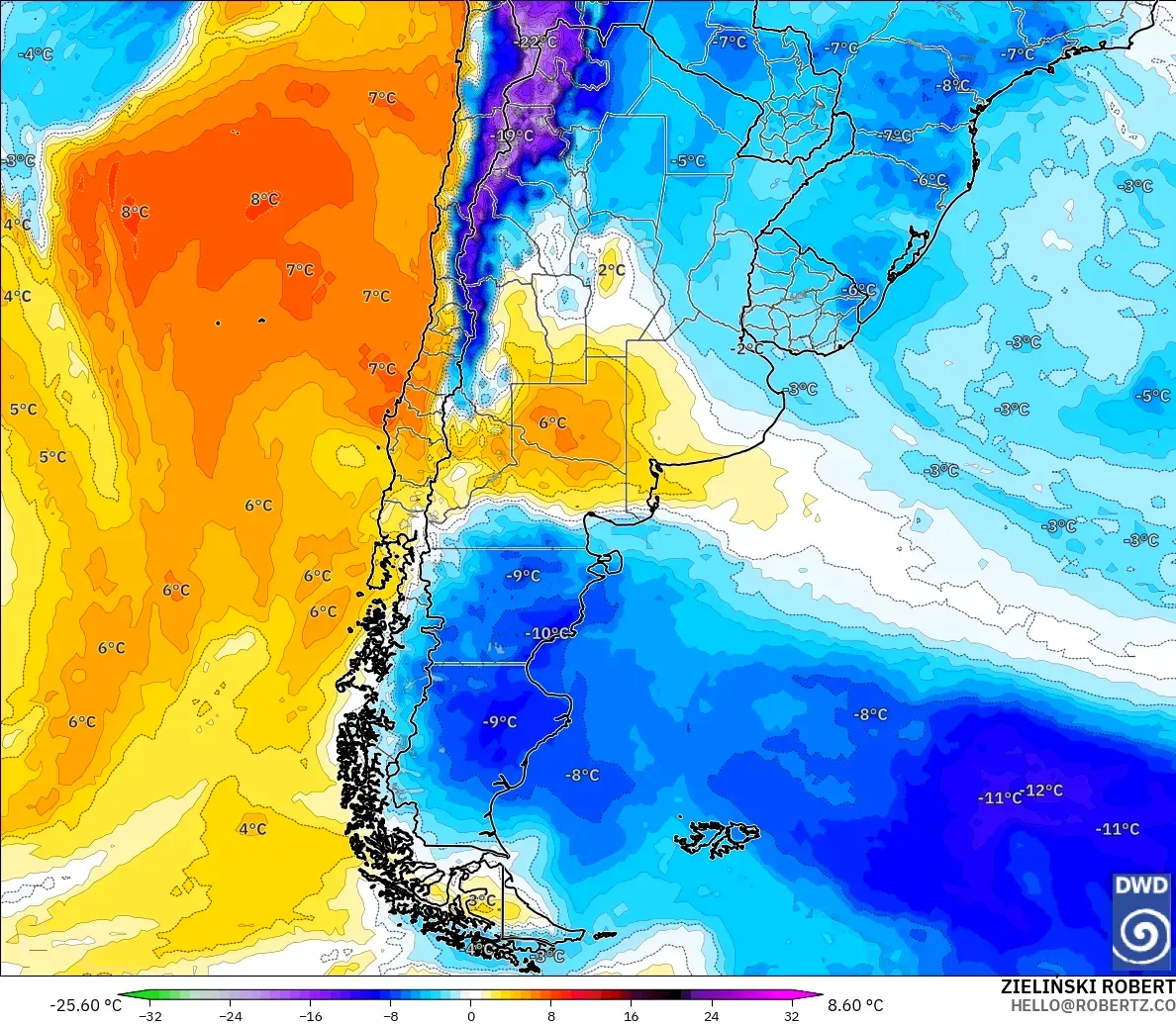ICON model - Arjantin, 850 hPa Sıcaklık Anomalisi