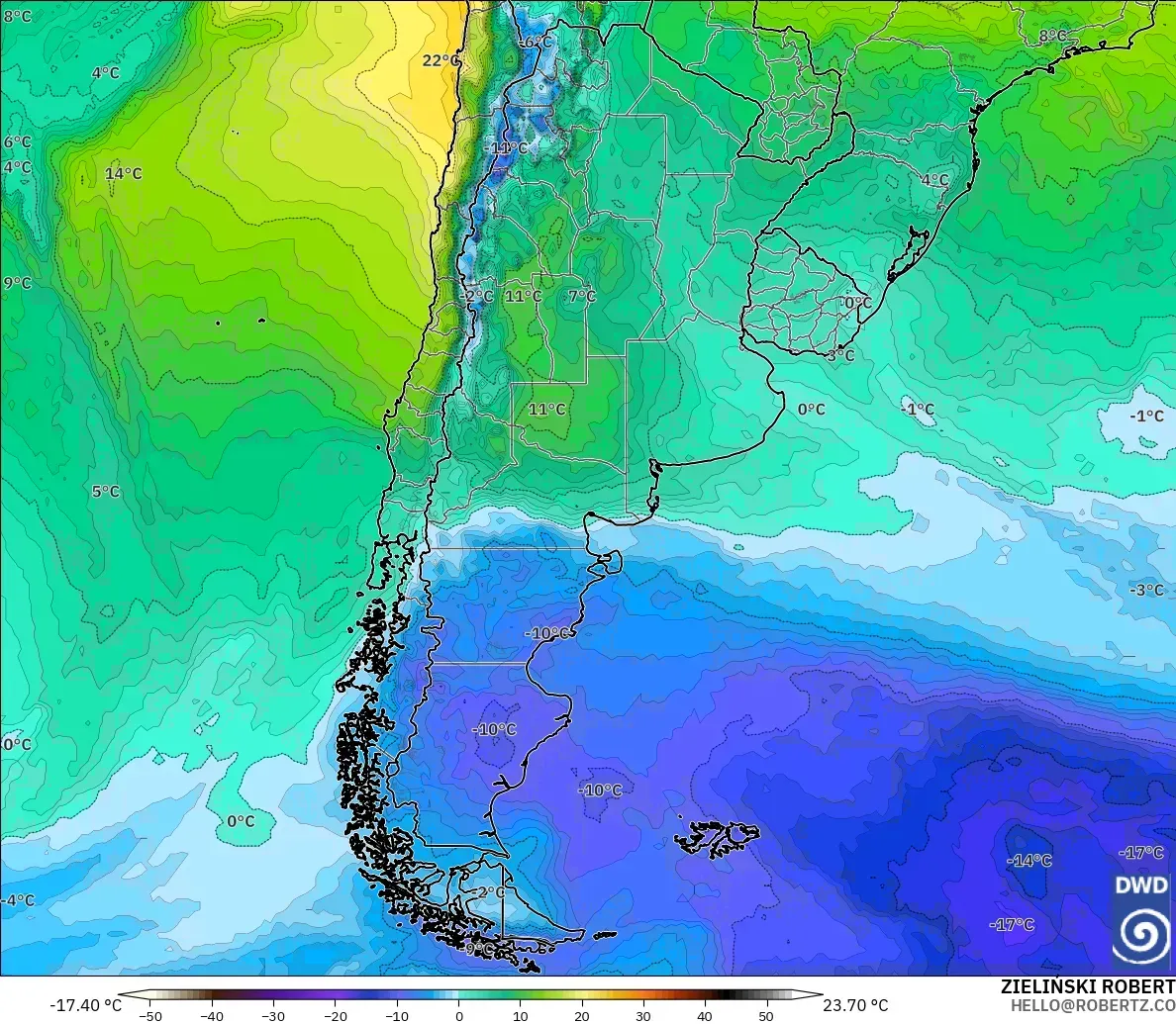 ICON model - Arjantin, 850 hPa Sıcaklık