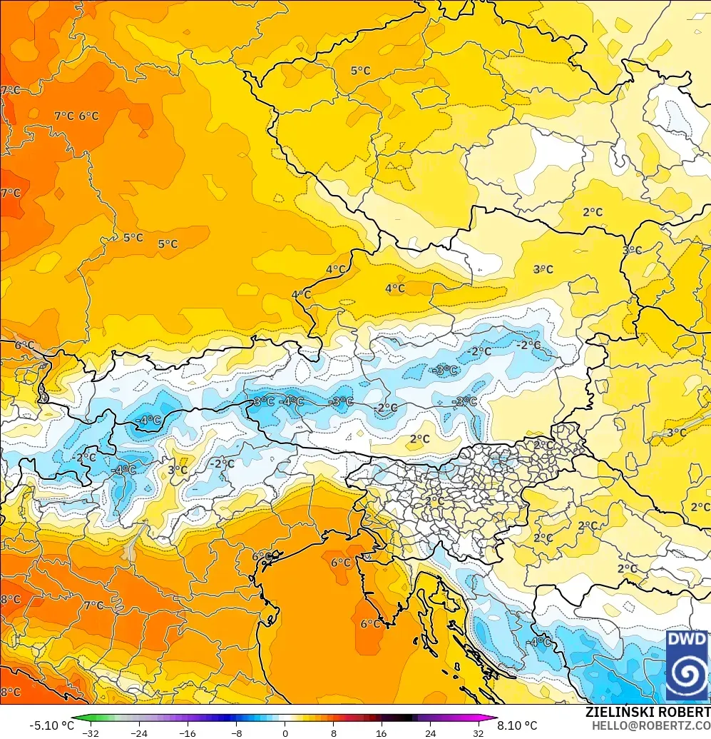 ICON model - Avusturya, 850 hPa Sıcaklık Anomalisi