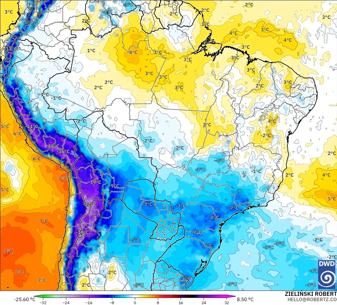 ICON model - Brezilya, 850 hPa Sıcaklık Anomalisi