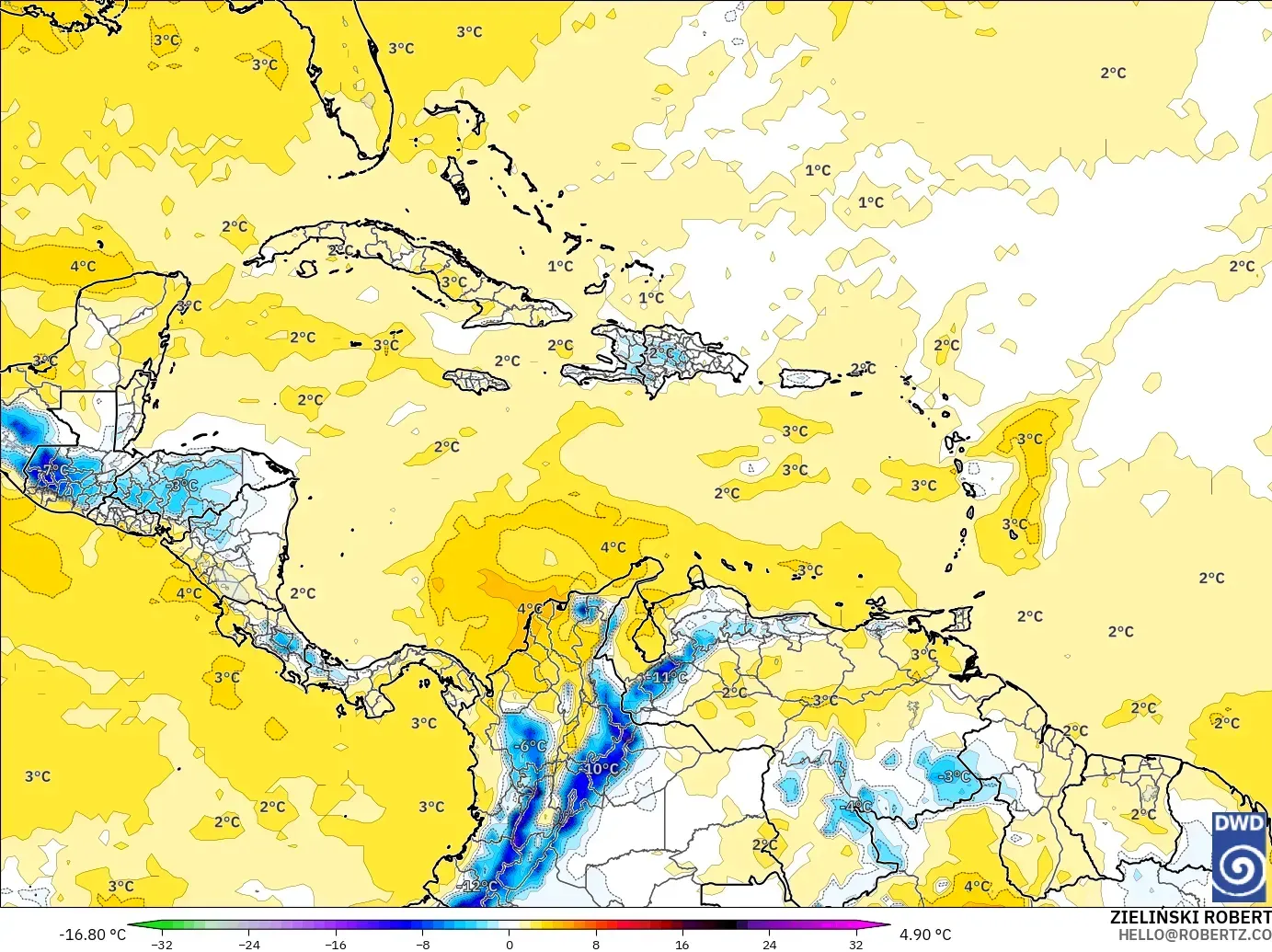 ICON model - Karayipler, 850 hPa Sıcaklık Anomalisi