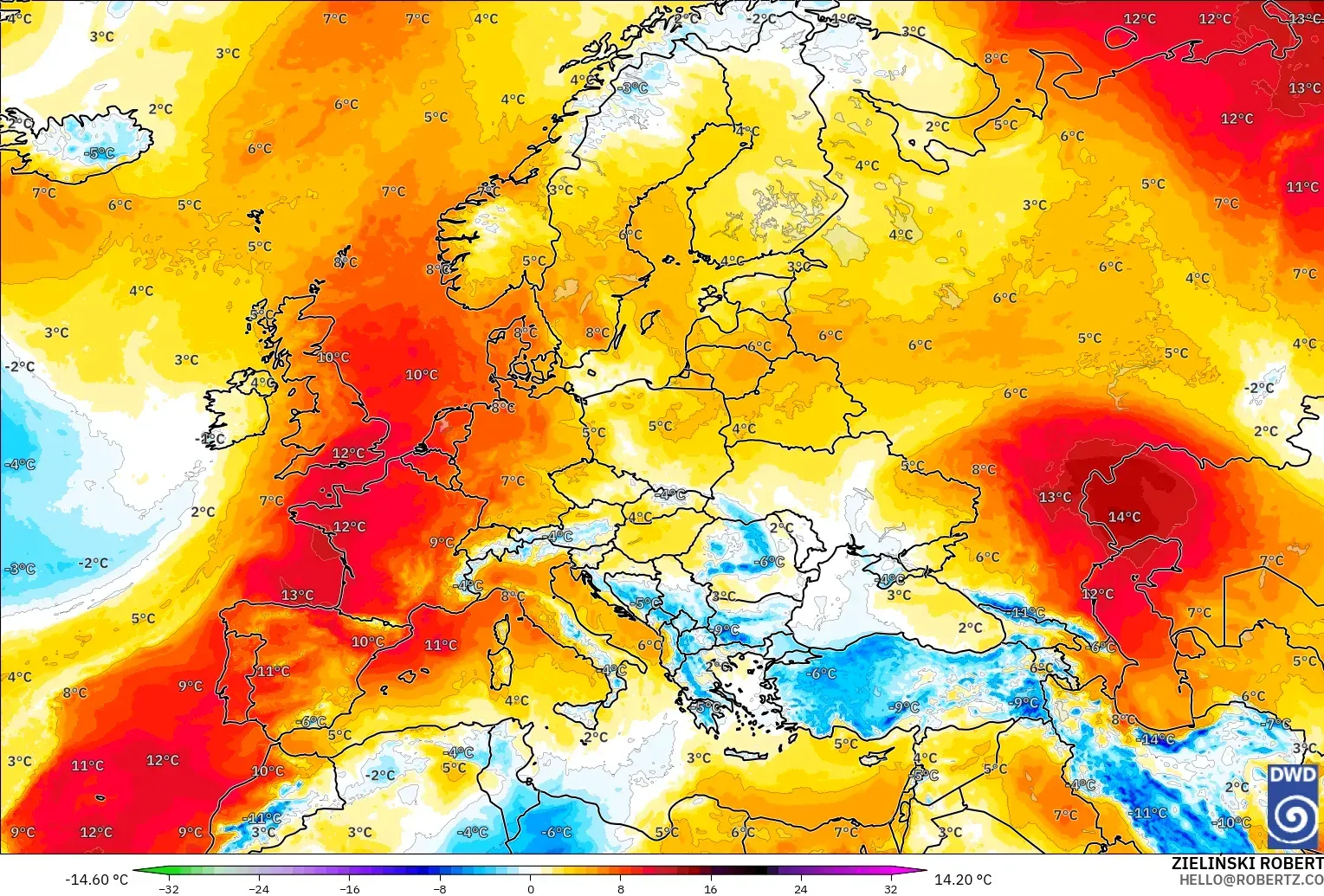 ICON model - Avrupa, 850 hPa Sıcaklık Anomalisi