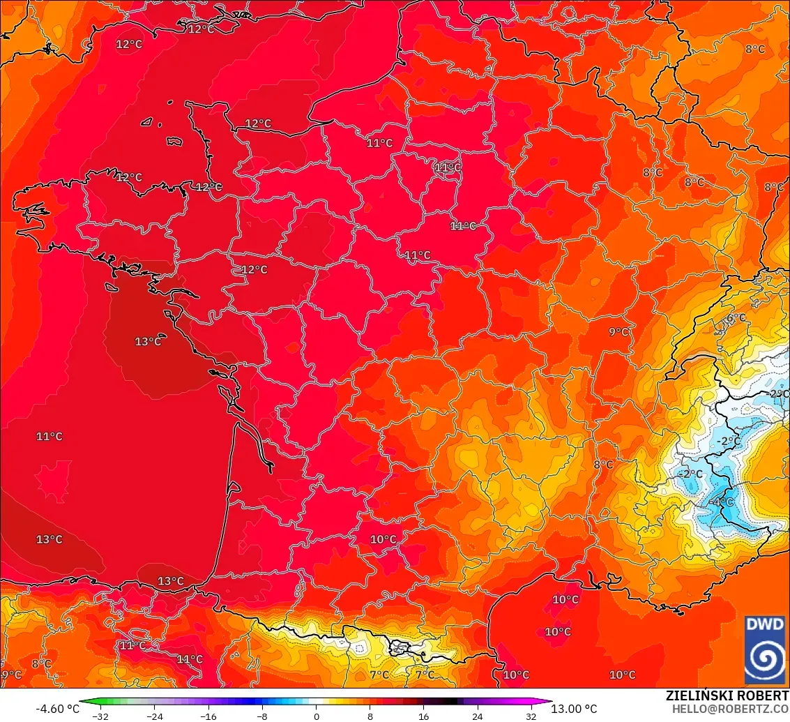 ICON model - Fransa, 850 hPa Sıcaklık Anomalisi
