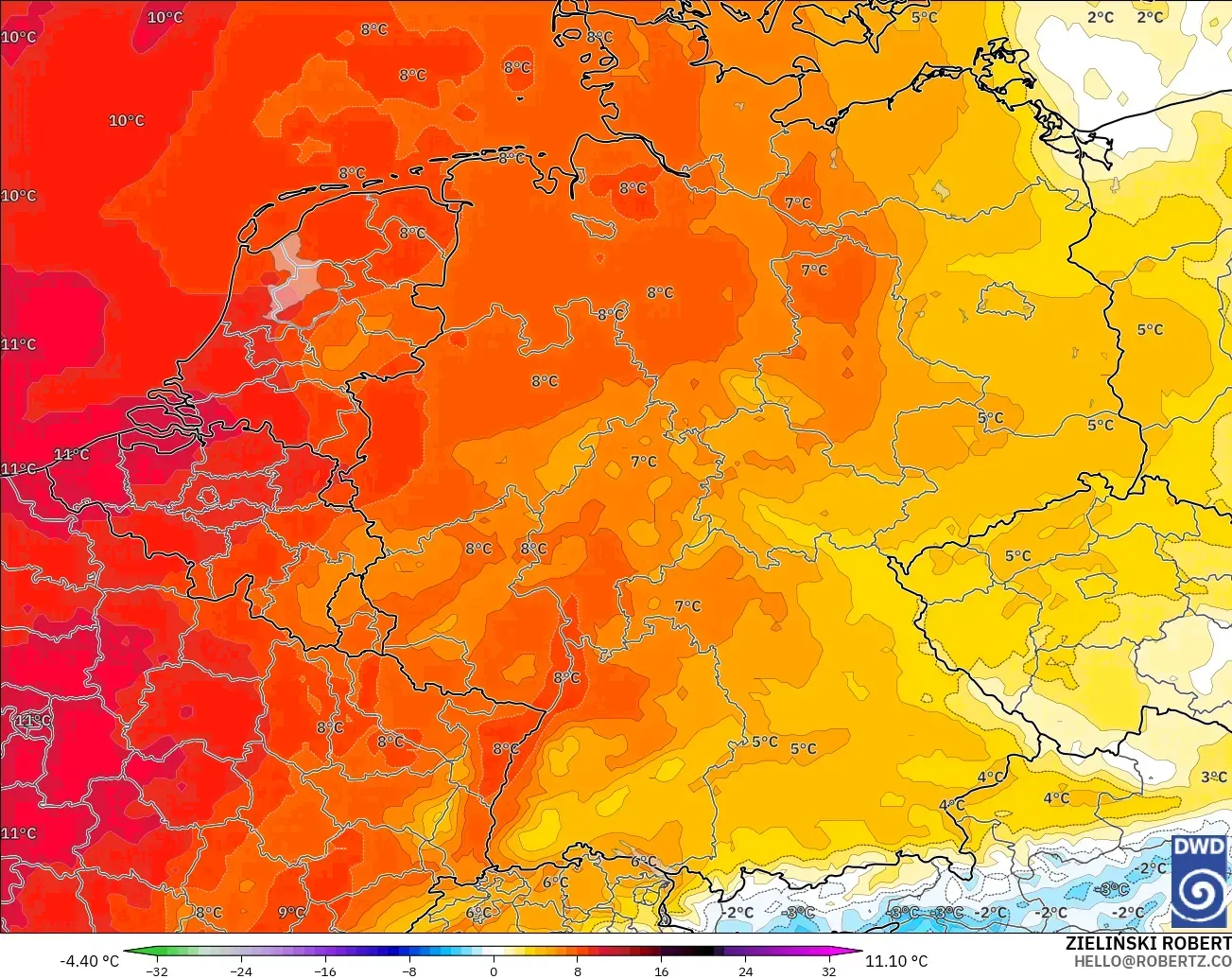 ICON model - Almanya, 850 hPa Sıcaklık Anomalisi
