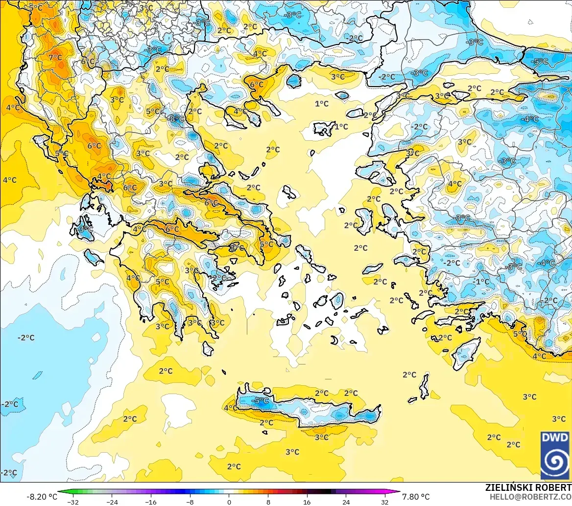 ICON model - Yunanistan, 2 m Sıcaklık Anomalisi
