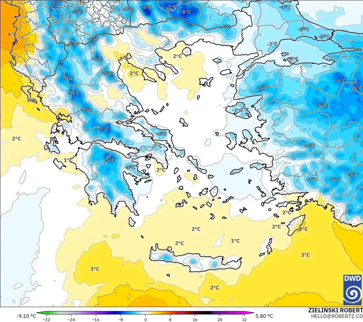 ICON model - Yunanistan, 850 hPa Sıcaklık Anomalisi