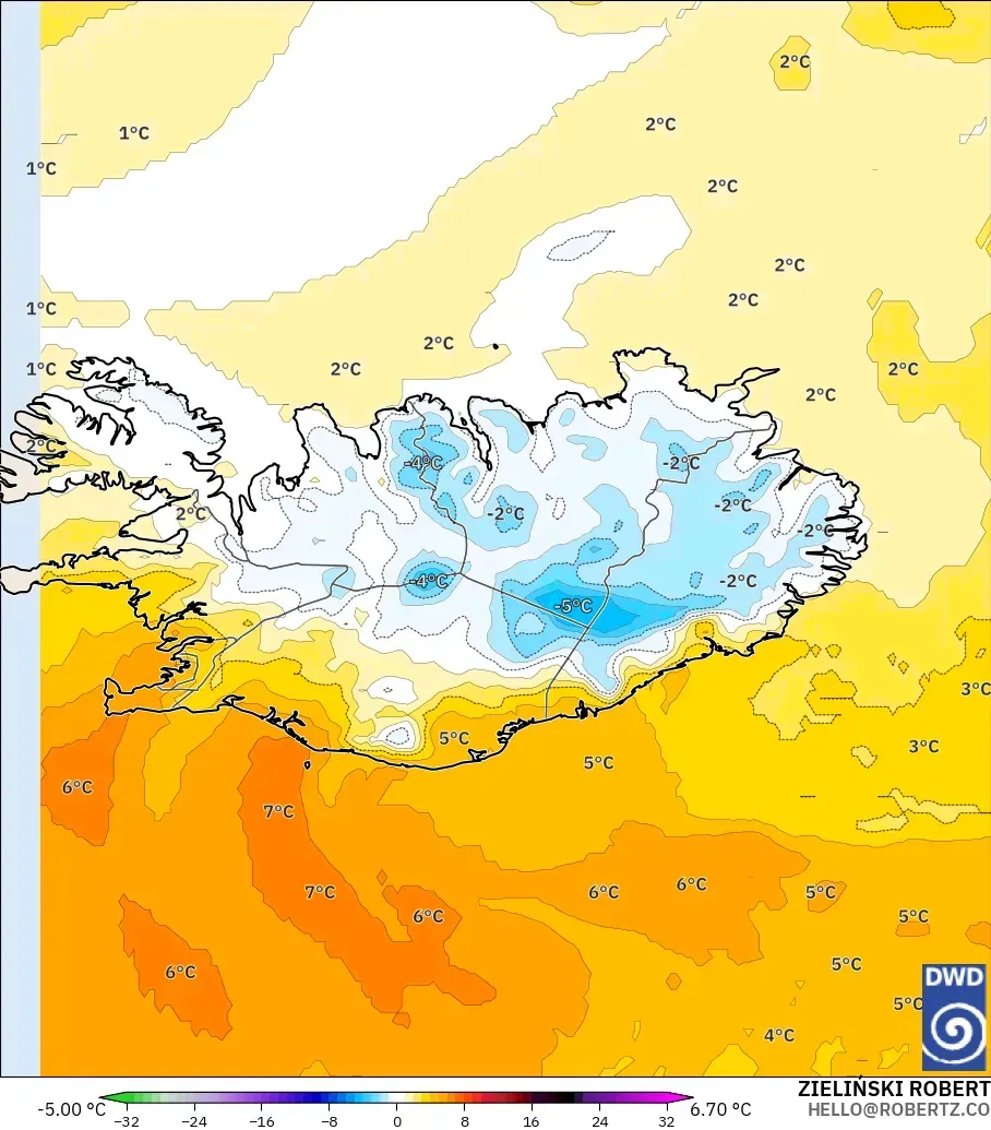 ICON model - İzlanda, 850 hPa Sıcaklık Anomalisi