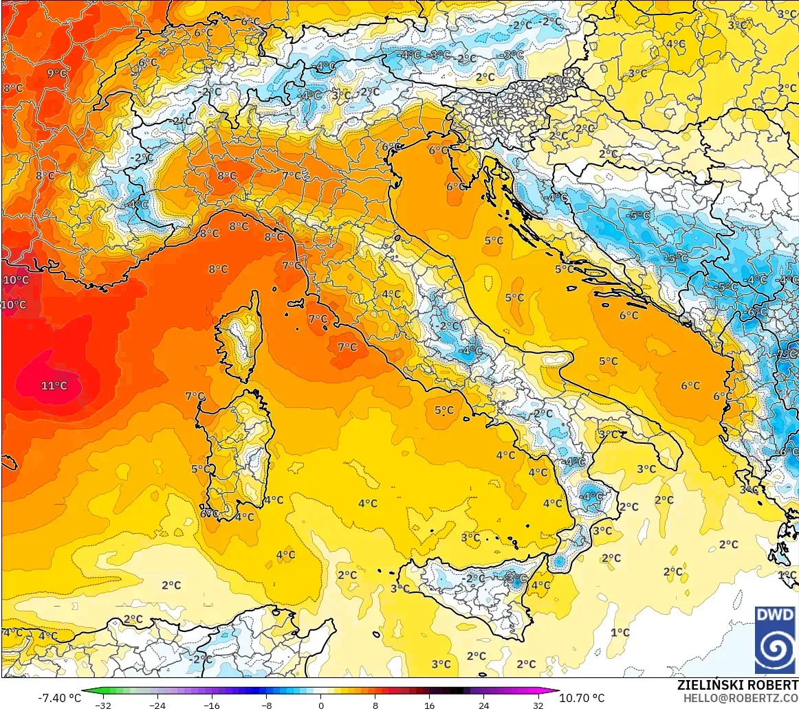 ICON model - İtalya, 850 hPa Sıcaklık Anomalisi