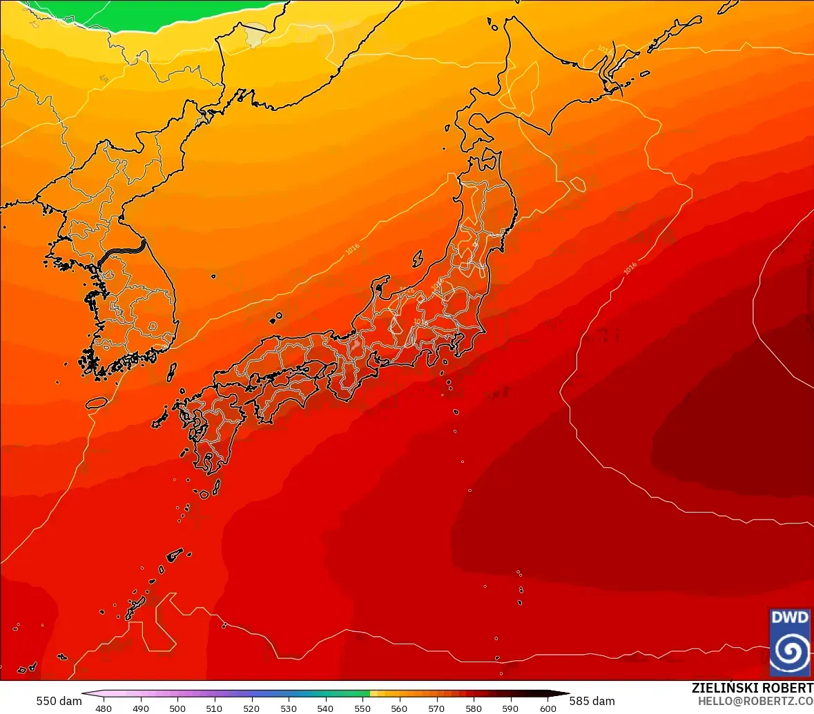 ICON model - Japonya, 500 hPa’da jeopotansiyel yükseklik