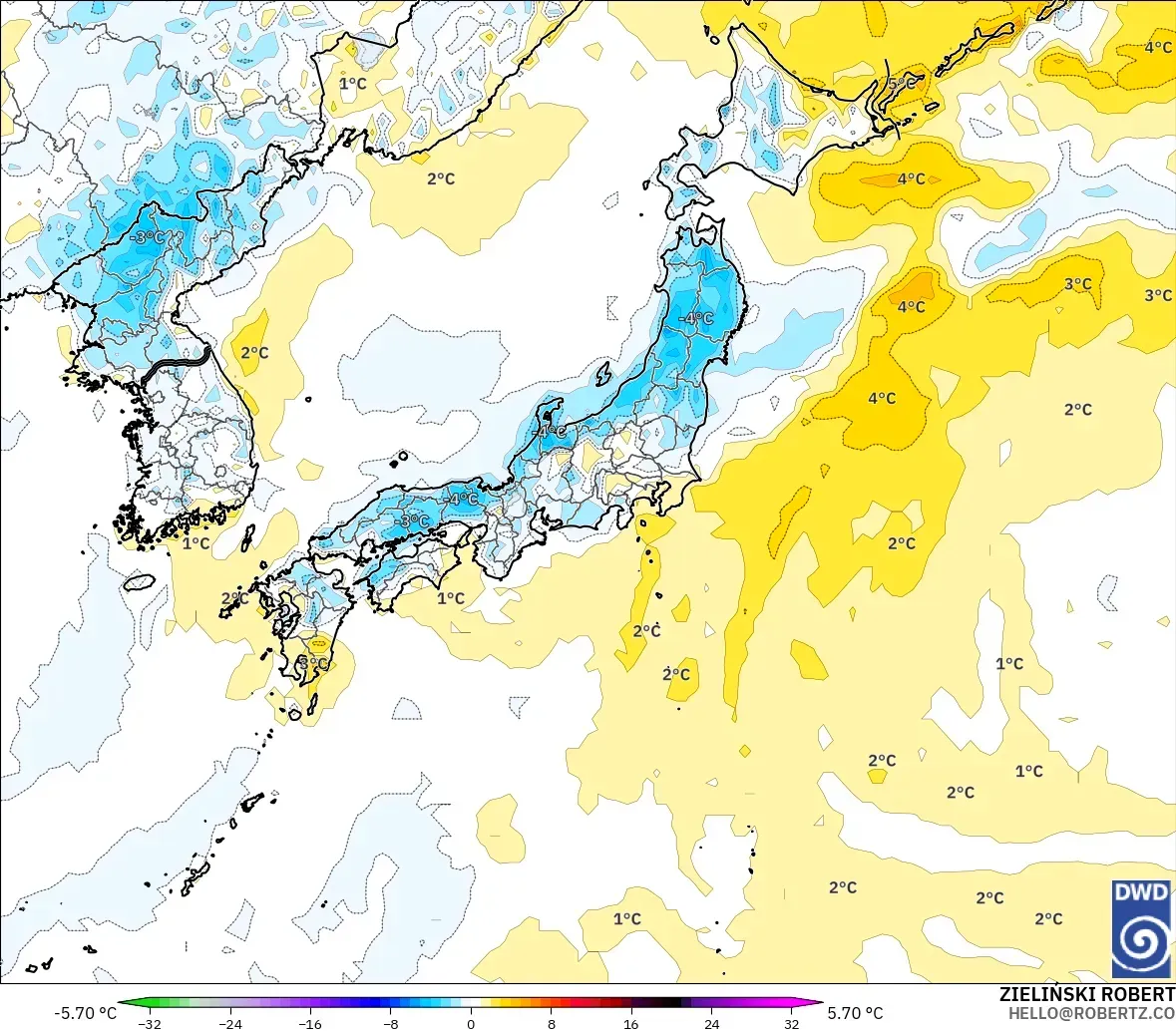 ICON model - Japonya, 2 m Sıcaklık Anomalisi