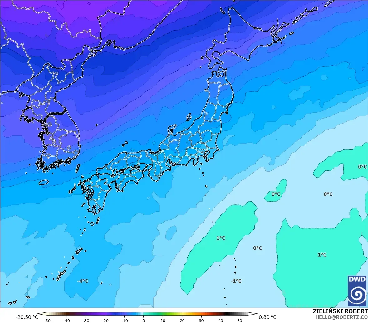ICON model - Japonya, 500 hPa Sıcaklık