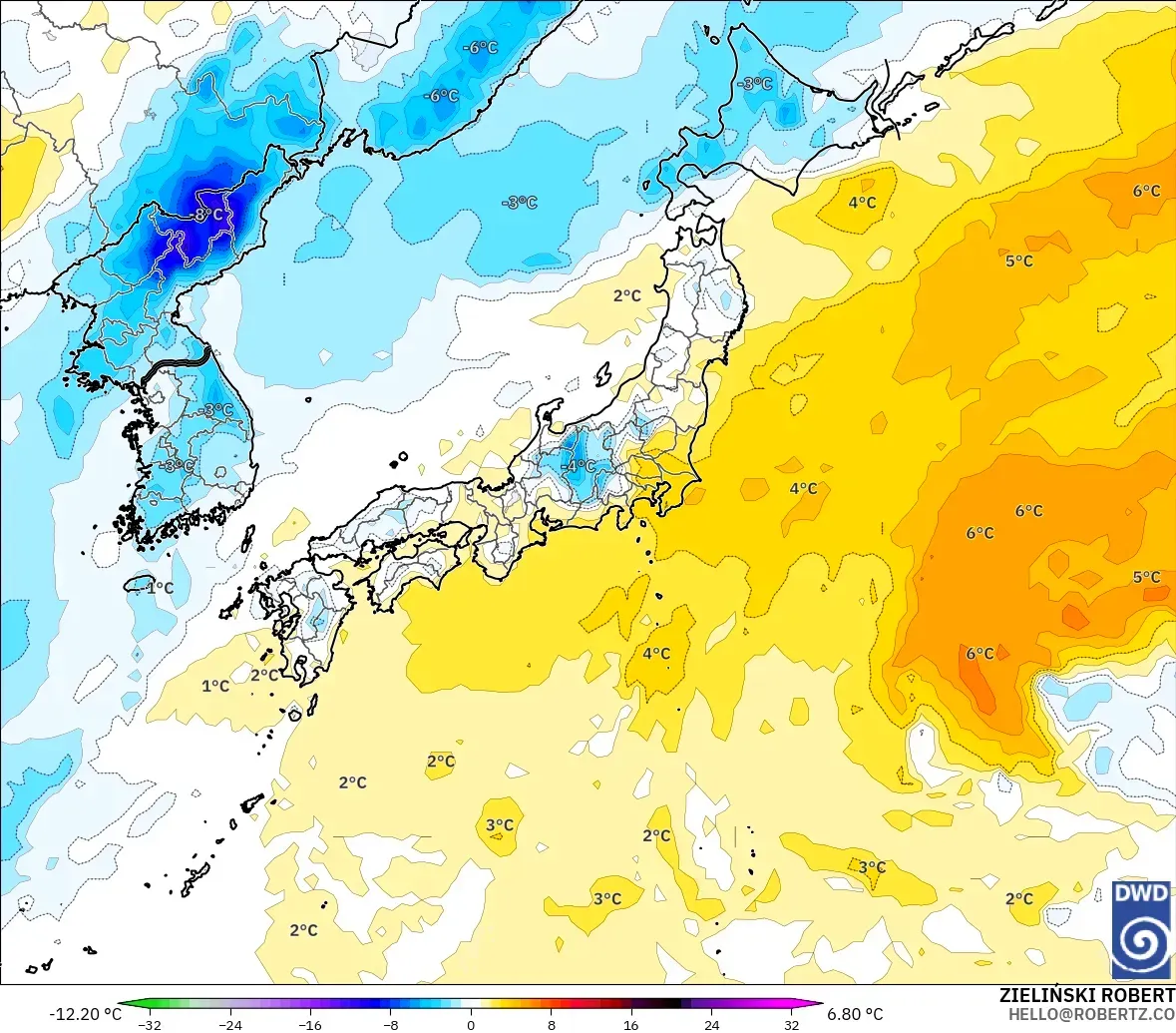 ICON model - Japonya, 850 hPa Sıcaklık Anomalisi