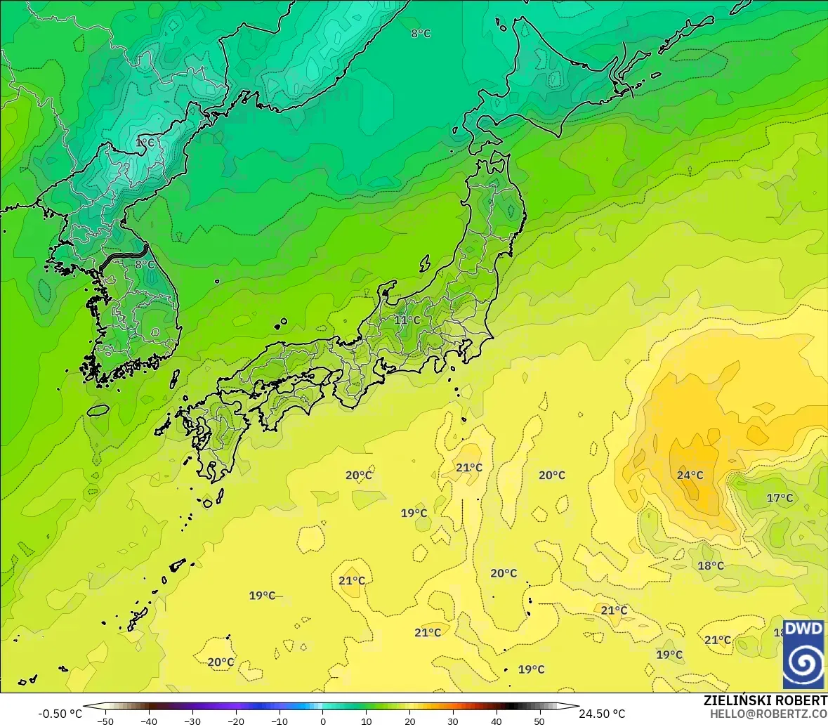 ICON model - Japonya, 850 hPa Sıcaklık