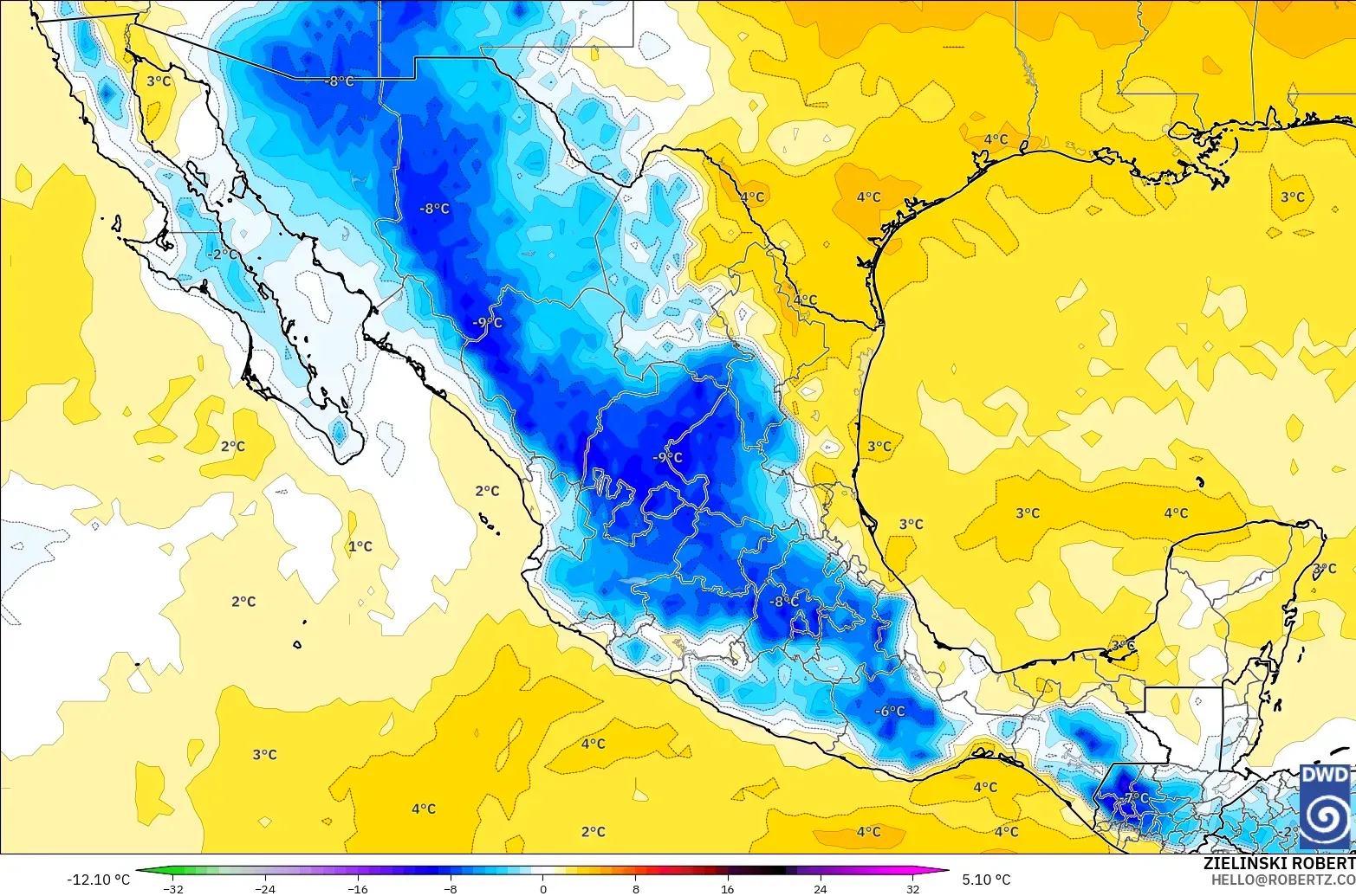 ICON model - Meksika, 850 hPa Sıcaklık Anomalisi
