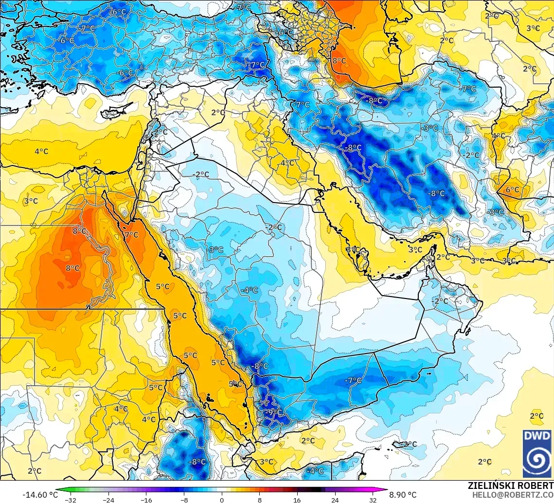 ICON model - Orta Doğu, 850 hPa Sıcaklık Anomalisi