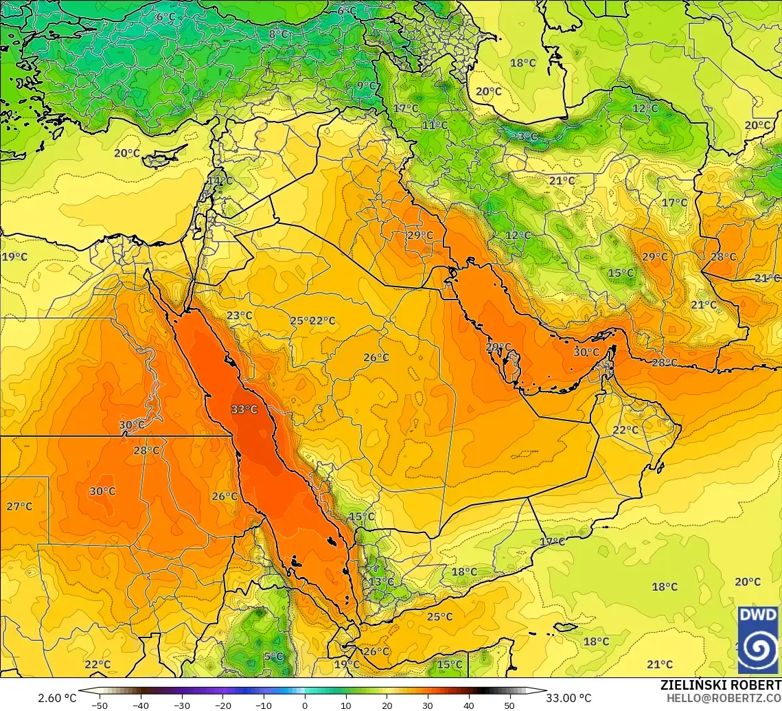 ICON model - Orta Doğu, 850 hPa Sıcaklık