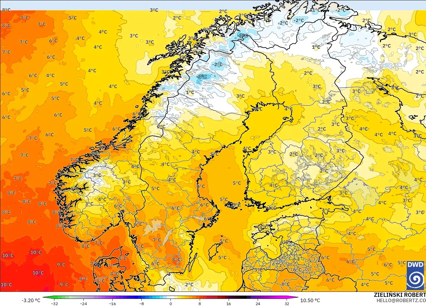 ICON model - İskandinavya, 850 hPa Sıcaklık Anomalisi