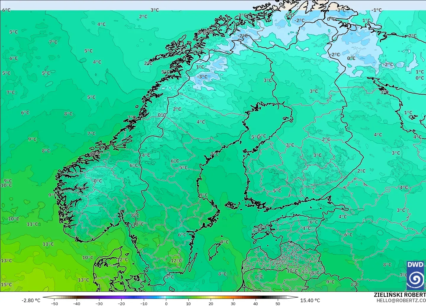 ICON model - İskandinavya, 850 hPa Sıcaklık