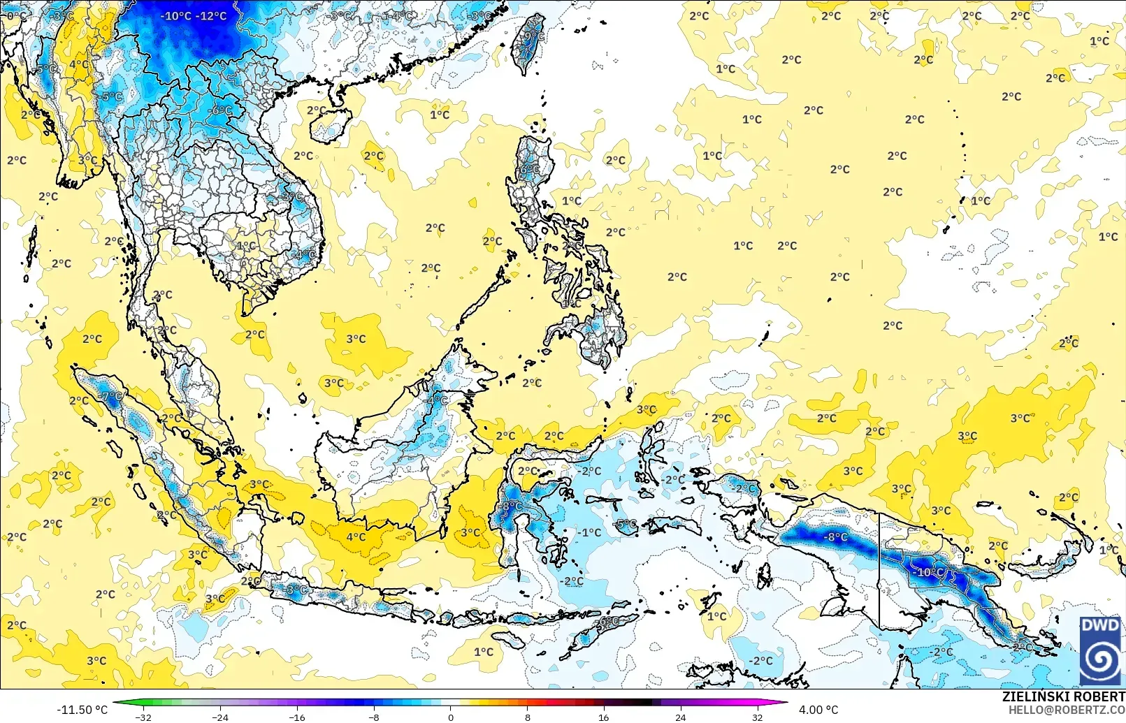 ICON model - Güneydoğu Asya, 850 hPa Sıcaklık Anomalisi