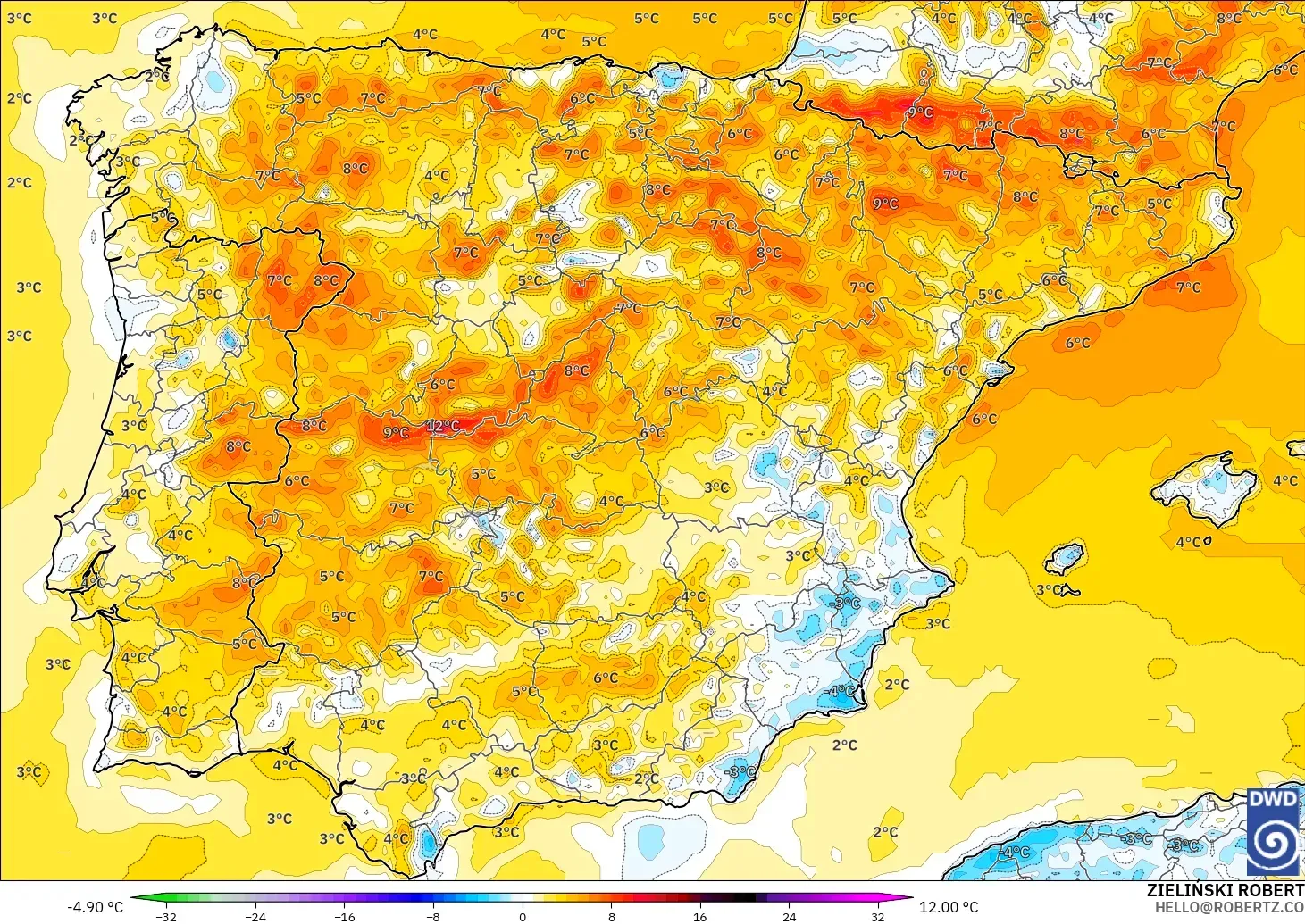 ICON model - İspanya, 2 m Sıcaklık Anomalisi