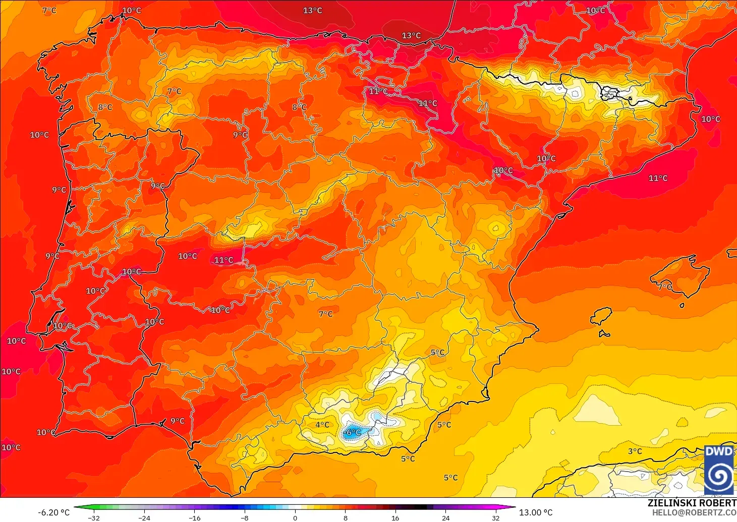 ICON model - İspanya, 850 hPa Sıcaklık Anomalisi