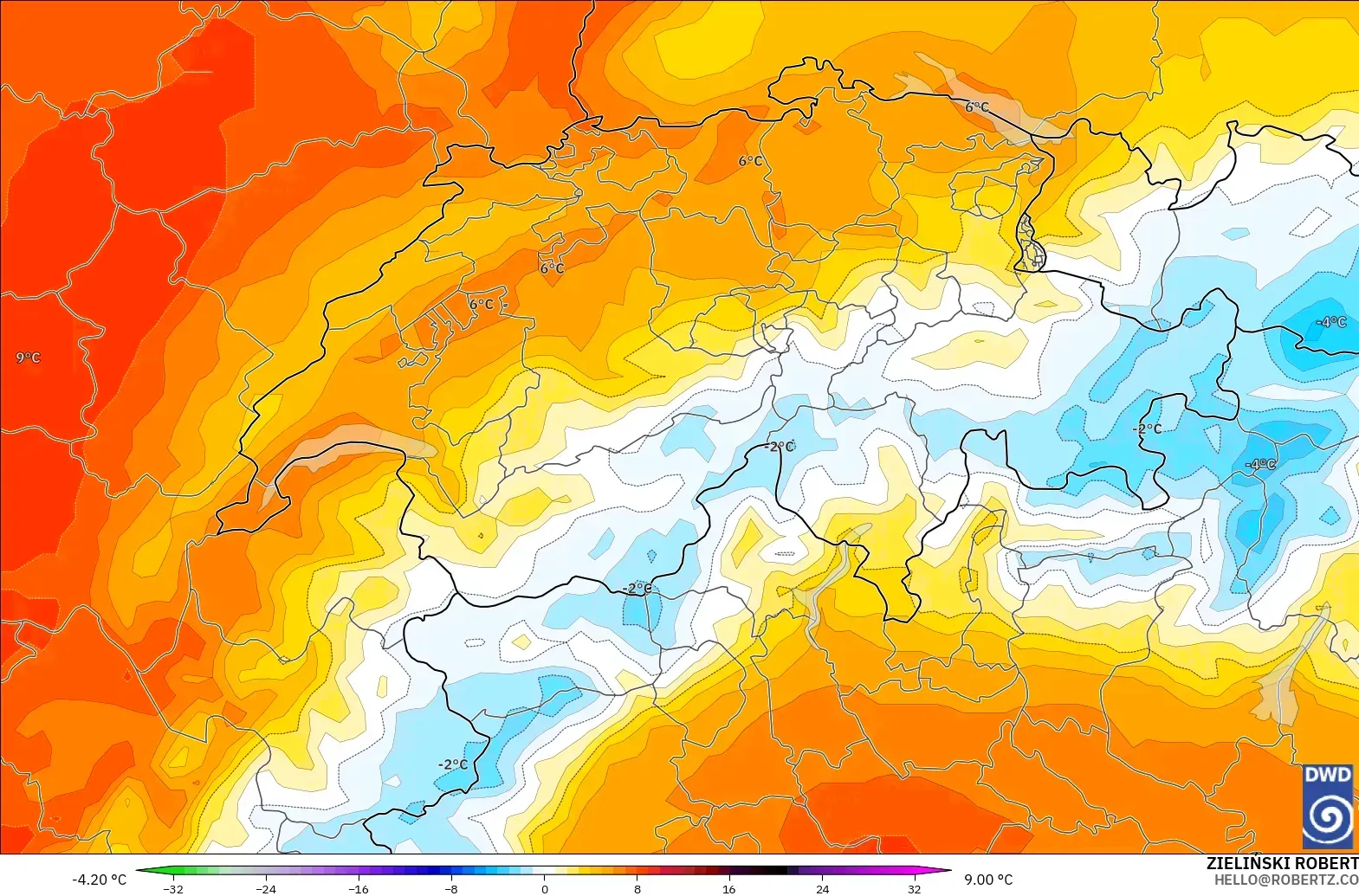 ICON model - İsviçre, 850 hPa Sıcaklık Anomalisi