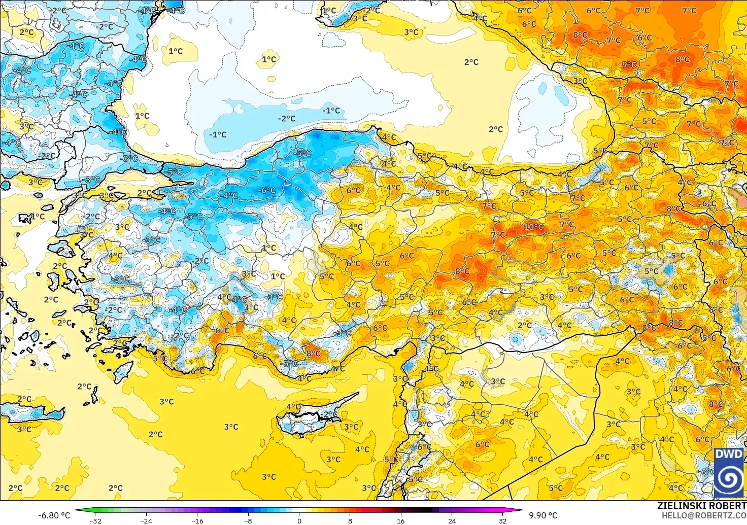 ICON model - Türkiye, 2 m Sıcaklık Anomalisi
