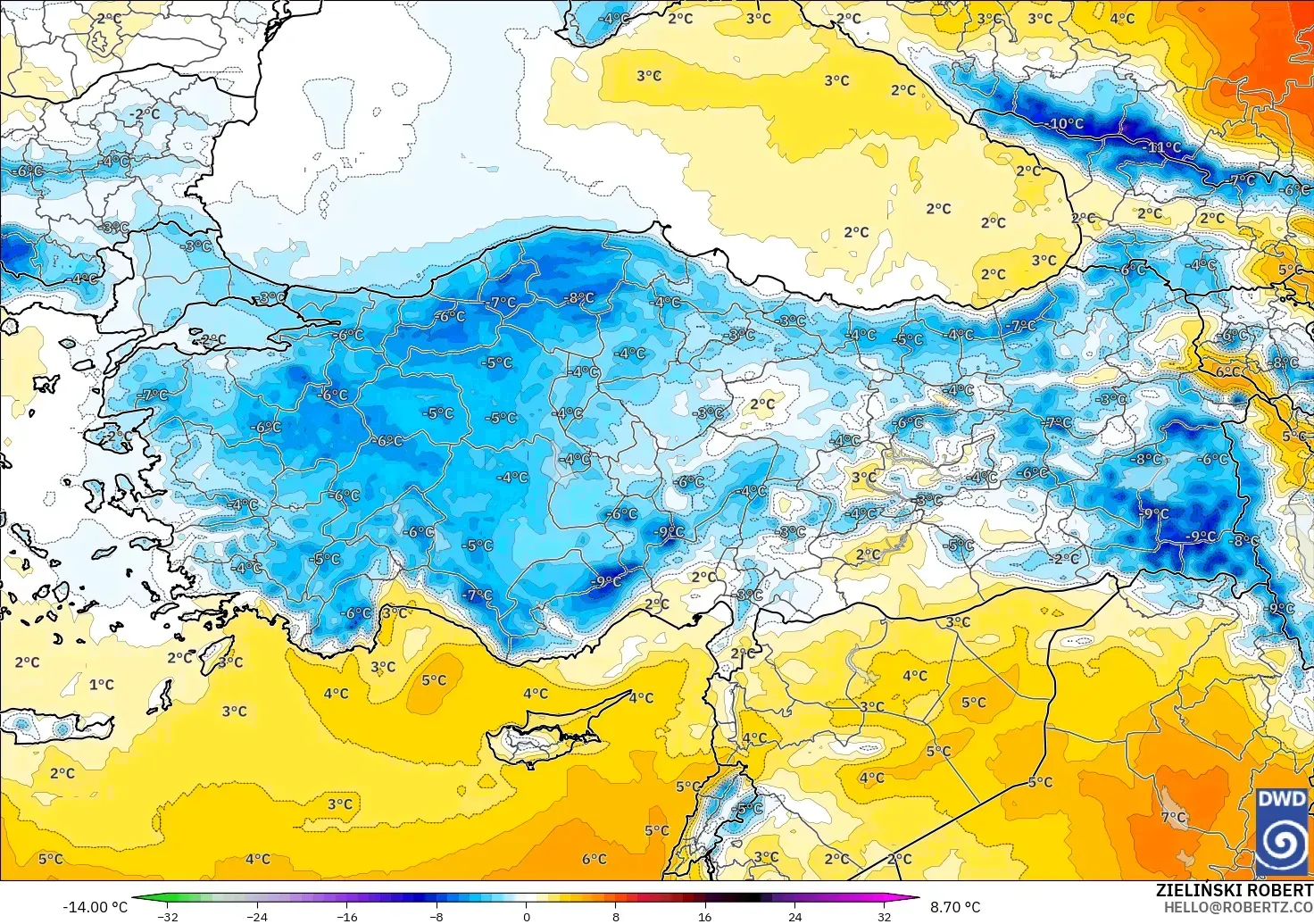 ICON model - Türkiye, 850 hPa Sıcaklık Anomalisi