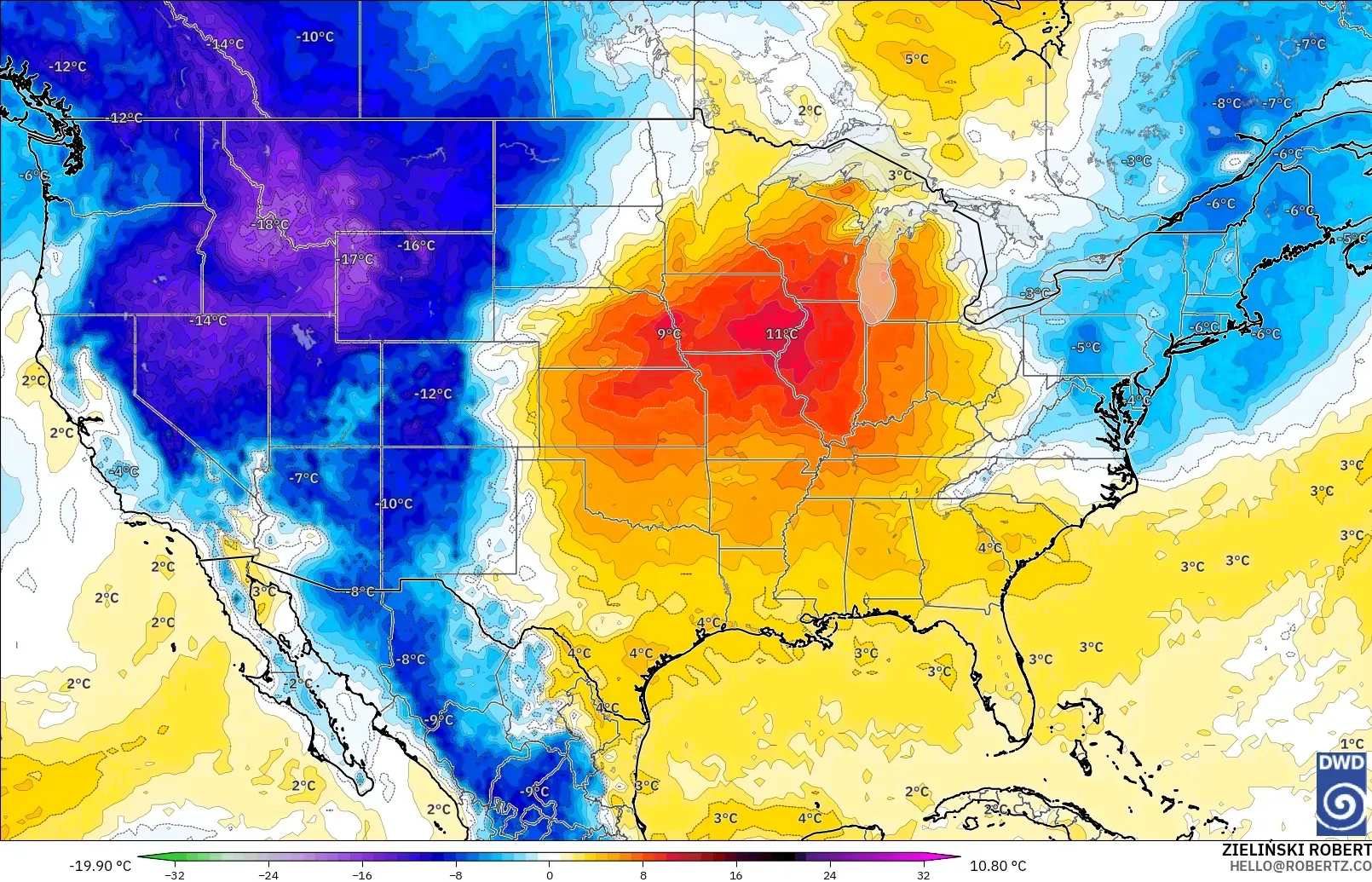 ICON model - Amerika Birleşik Devletleri, 850 hPa Sıcaklık Anomalisi