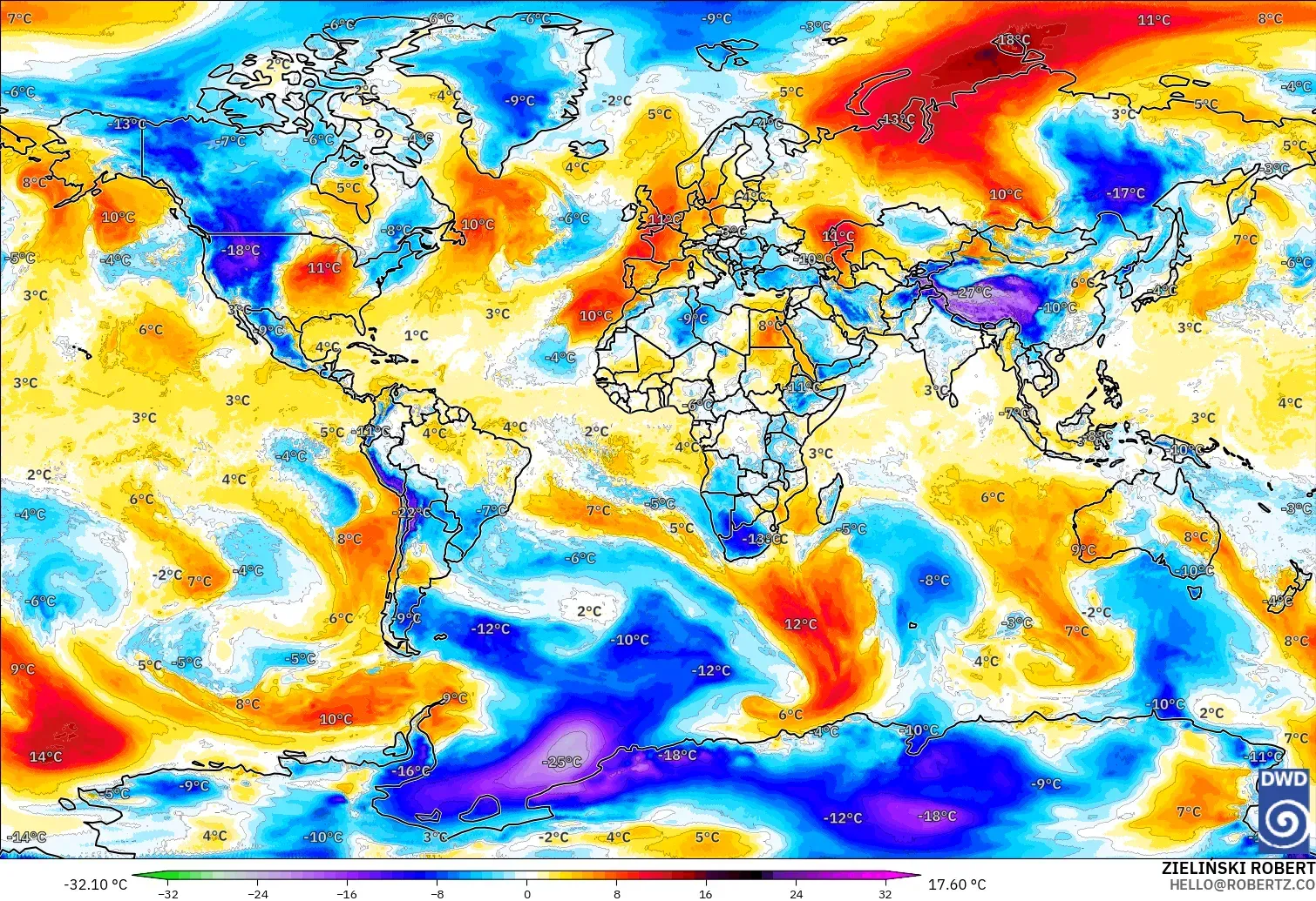 ICON model - Dünya, 850 hPa Sıcaklık Anomalisi